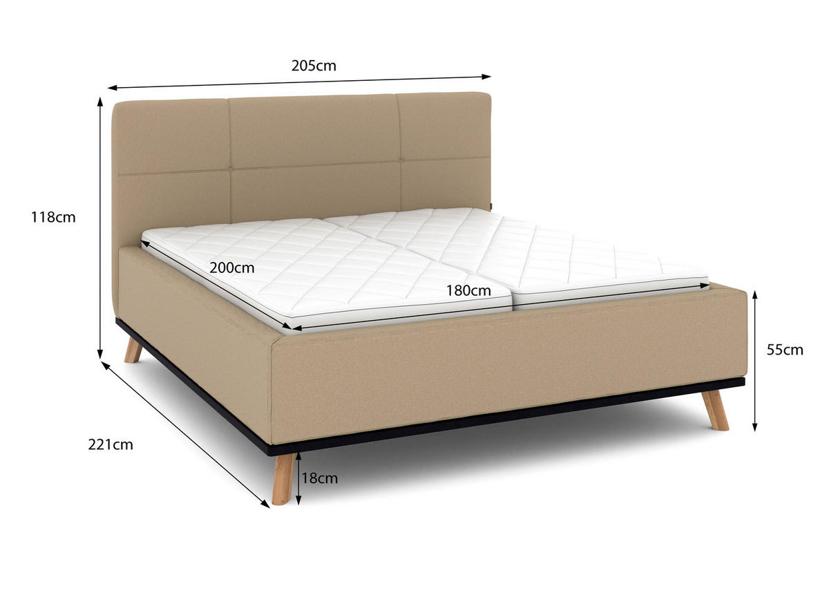 POLSTERBETT Matratze, Lattenrost, Bettkasten 180/200 cm  in Beige  - Eichefarben/Beige, Design, Holz/Textil (180/200cm) - Musterring