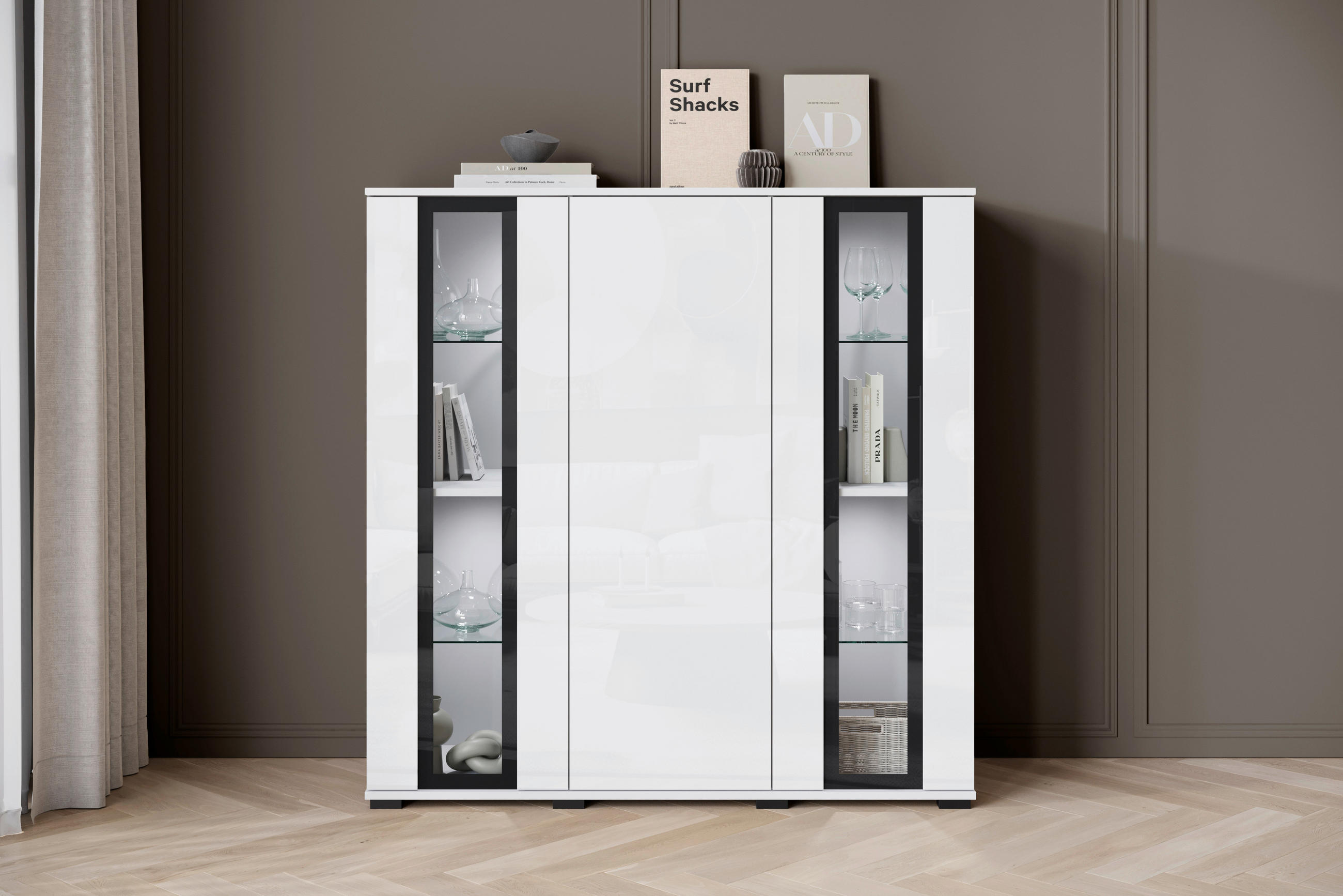 Thumbnail - Livetastic Highboard Caro, Weiß, Weiß Hochglanz, Glas, Holzwerkstoff, 8 Fächer, 120x121.9x39.5 cm, Fsc, stehend, Wohnzim...
