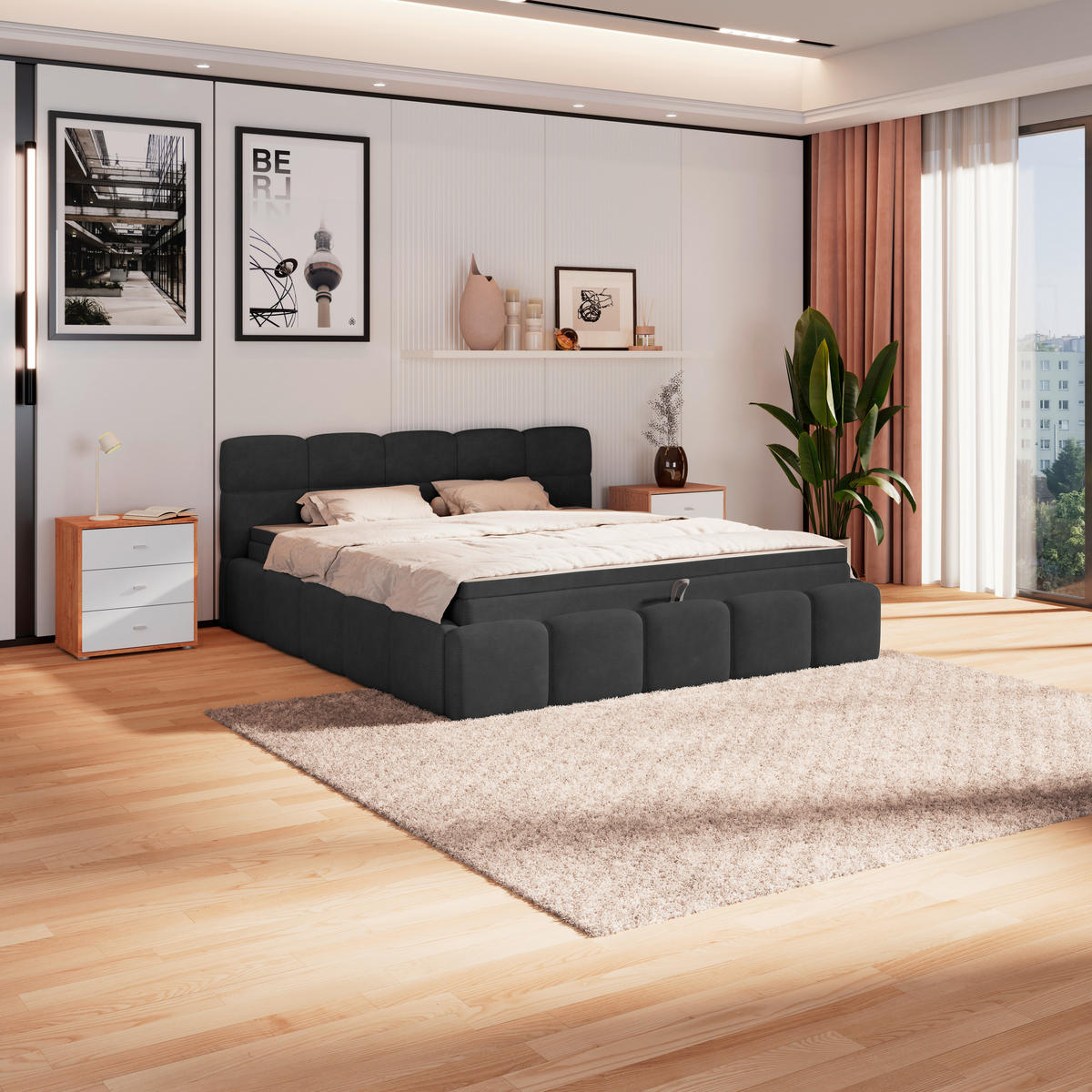 POLSTERBETT 160/200 cm,  in Schwarz, Matratze, Bettkasten, H3 = fest  - Schwarz, Trend, Kunststoff/Textil (160/200cm)