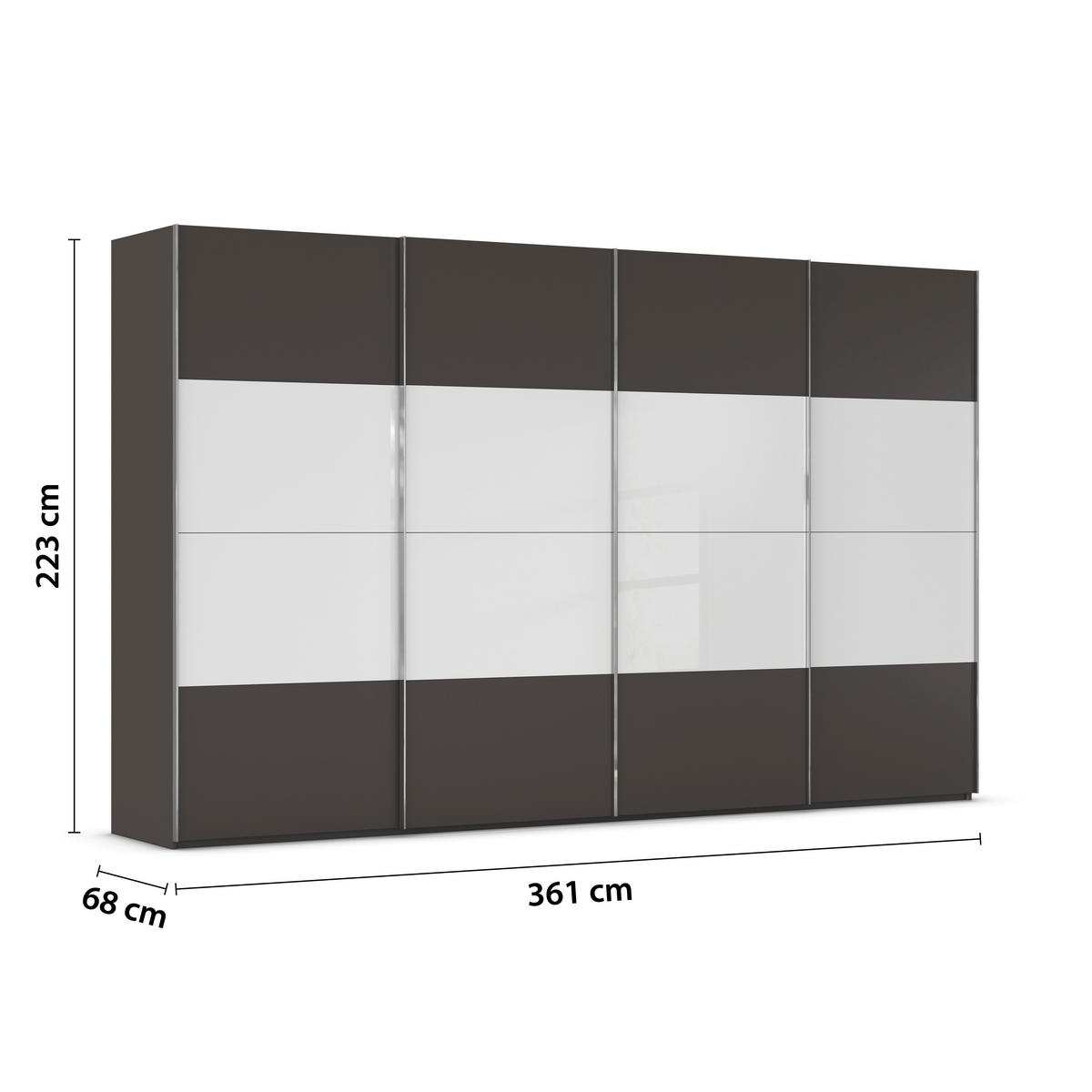 SCHWEBETÜRENSCHRANK 361/223/68 cm 4-türig Graphitfarben, Weiß  - Chromfarben/Graphitfarben, KONVENTIONELL, Glas/Holzwerkstoff (361/223/68cm) - Novel