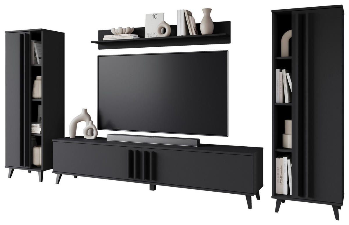 WOHNWAND 4-teilig  Schwarz 270/140/33 cm  - Schwarz, Trend, Holzwerkstoff/Kunststoff (270/140/33cm) - P & B