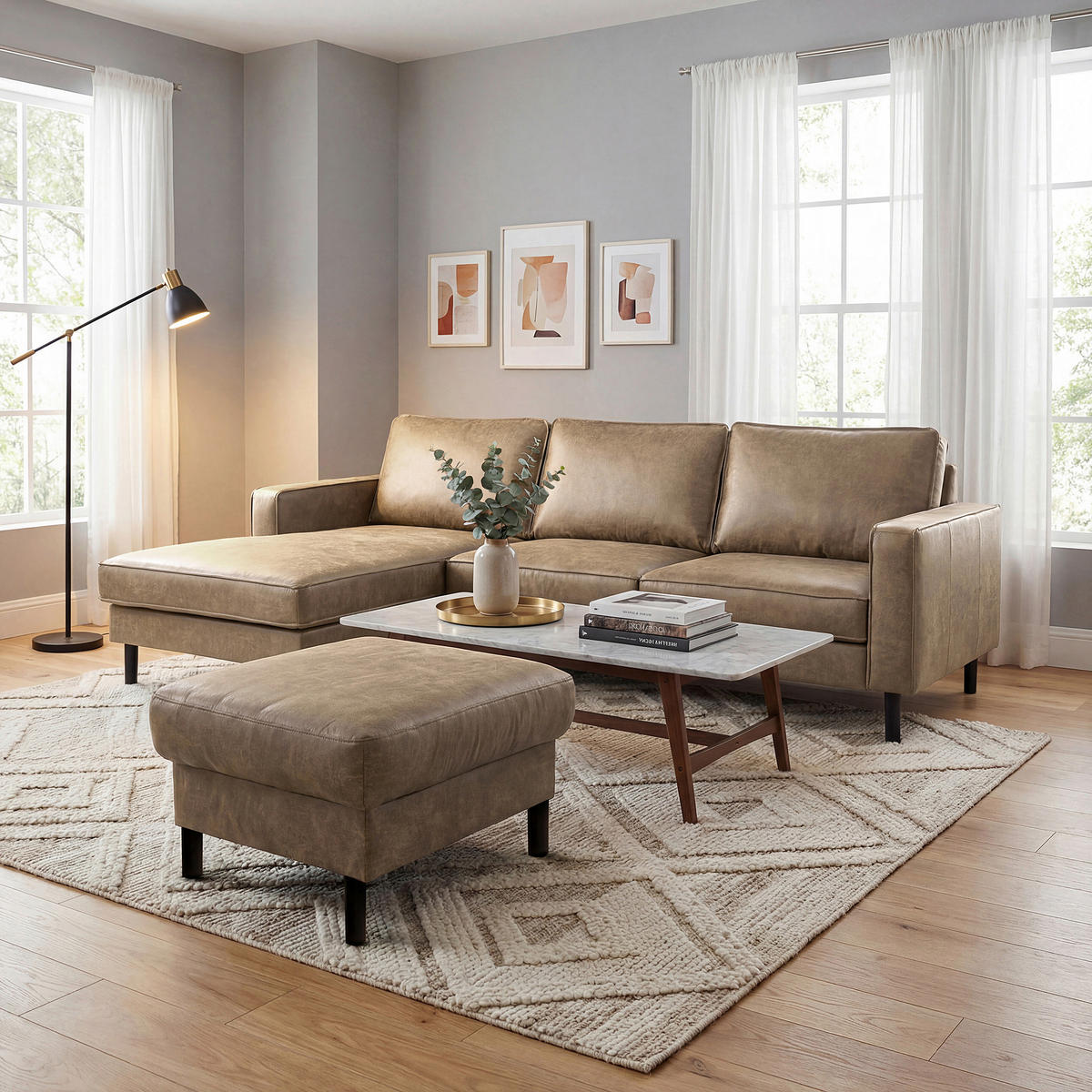 ECKSOFA Graubraun Echtleder Lederlook Rücken echt  - Graubraun, Design, Leder/Textil (166/238cm) - Livetastic