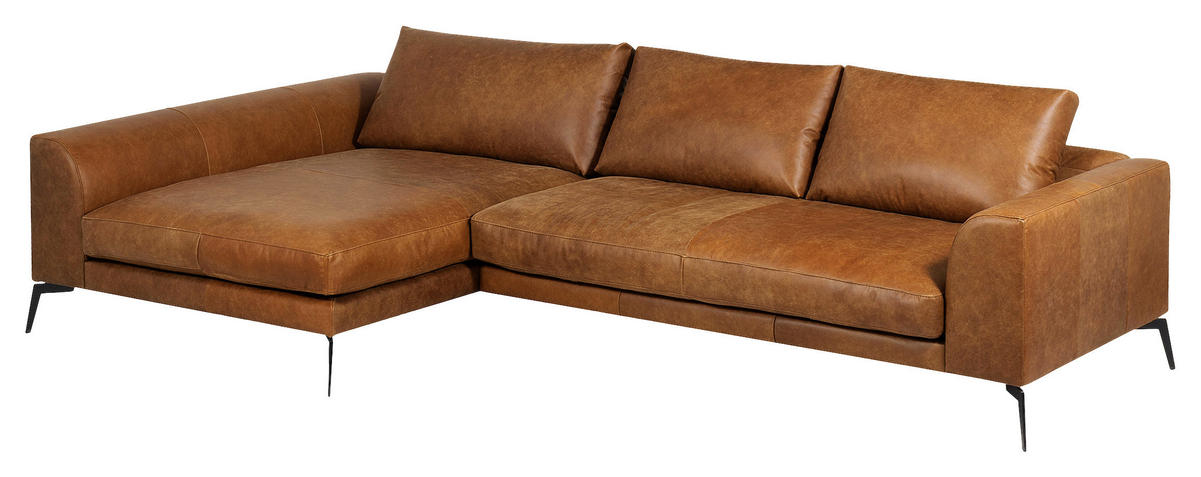 ECKSOFA in Echtleder Cognac  - Cognac/Schwarz, Design, Leder/Metall (172/313cm) - Livetastic