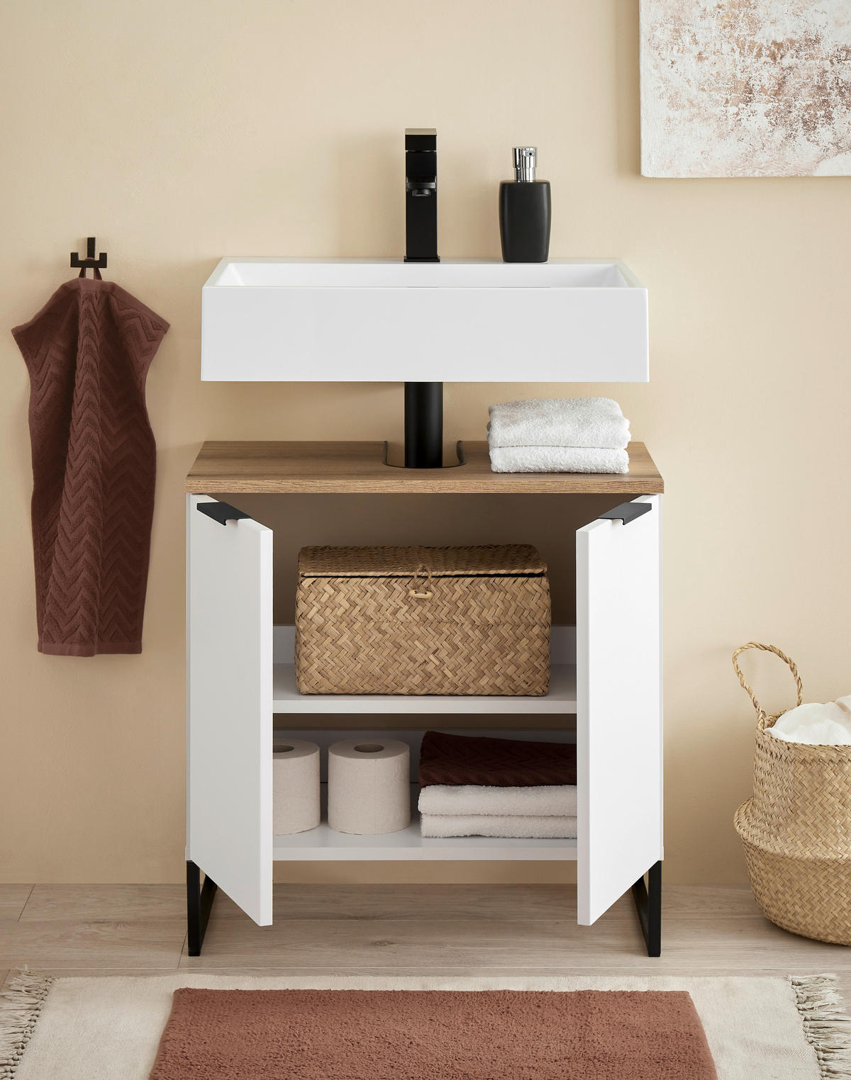 WASCHBECKENUNTERSCHRANK 60/60/35 cm  - Eichefarben/Schwarz, KONVENTIONELL, Holzwerkstoff/Metall (60/60/35cm) - home24