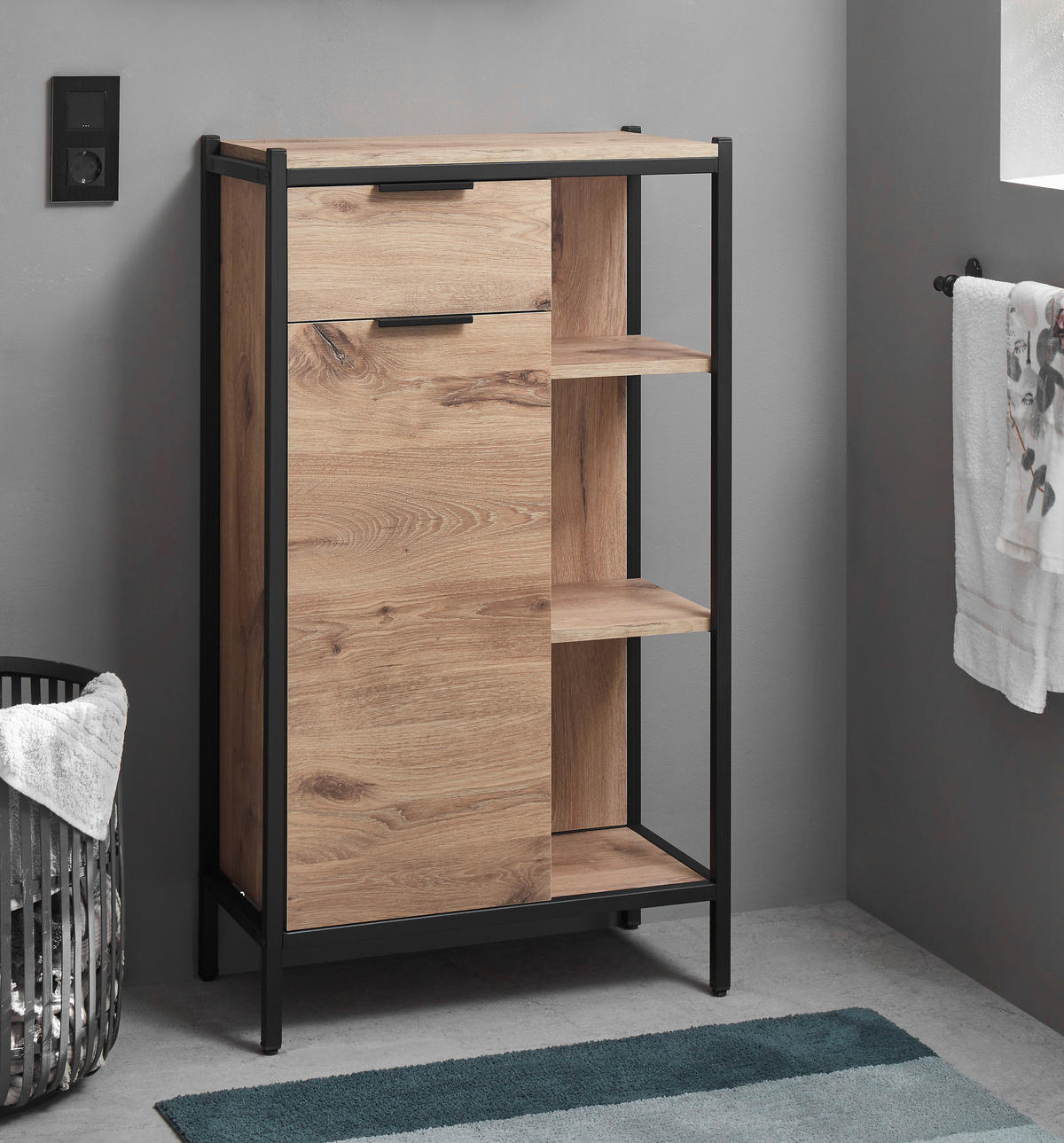 MIDISCHRANK 60/105/30 cm  - Eichefarben/Schwarz, KONVENTIONELL, Holzwerkstoff/Kunststoff (60/105/30cm) - home24