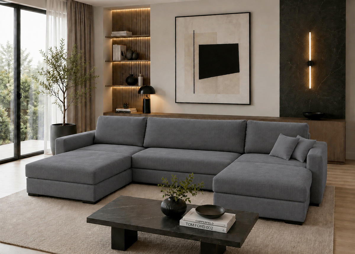 WOHNLANDSCHAFT  Cord Anthrazit  - Anthrazit/Schwarz, Basics, Holz/Holzwerkstoff (379/93/184cm) - MID.YOU