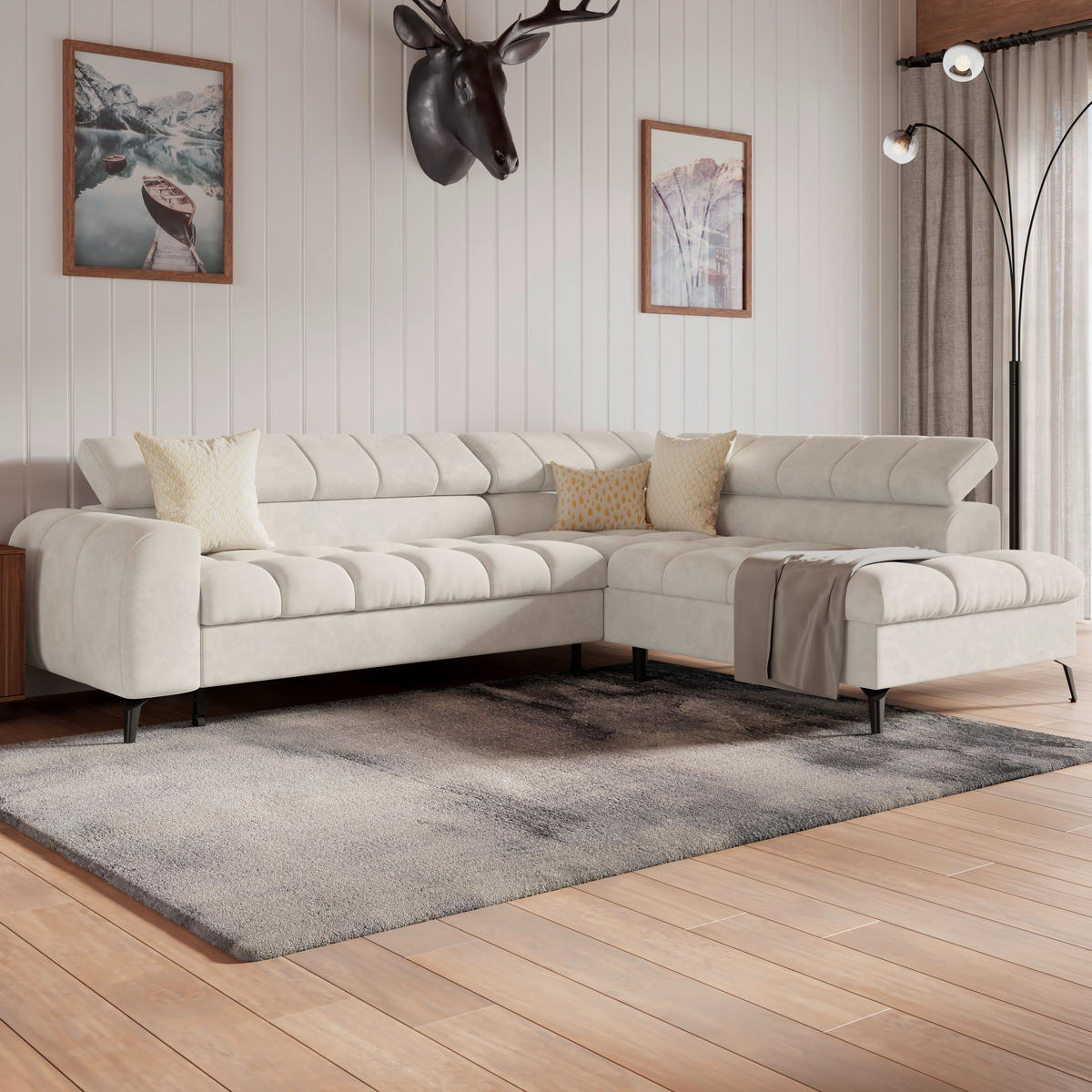 ECKSOFA Creme Bettkasten, Rücken echt, Kopfteilverstellung  - Creme/Schwarz, Trend, Kunststoff/Textil (261/203cm) - Livetastic