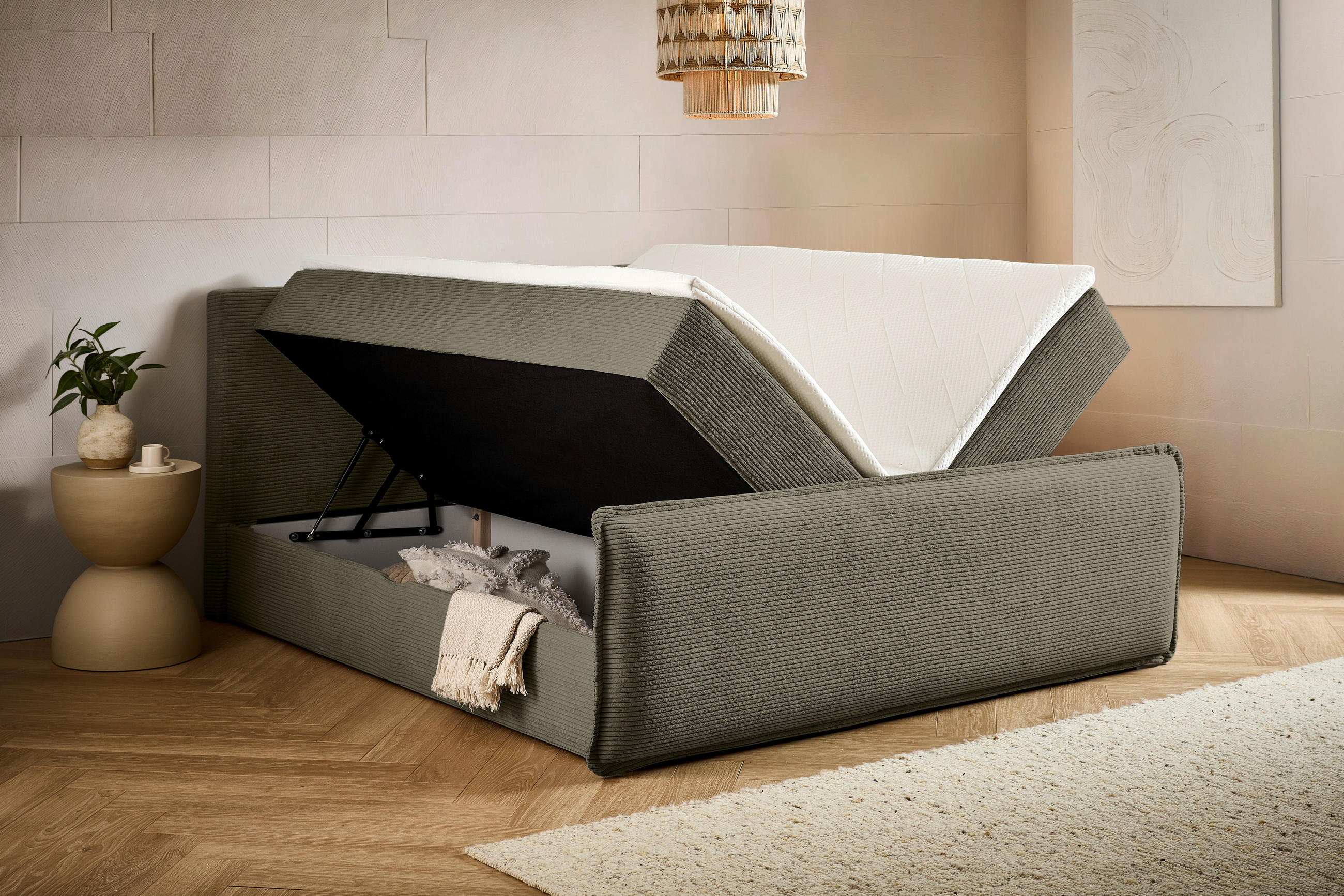 Thumbnail - Chameo Boxbett, Waldgrün, Textil, H3, Höhe ca. 25 cm, 180x200 cm, Bettkasten, gepolstertes Kopfteil, Topper durchgehend,...