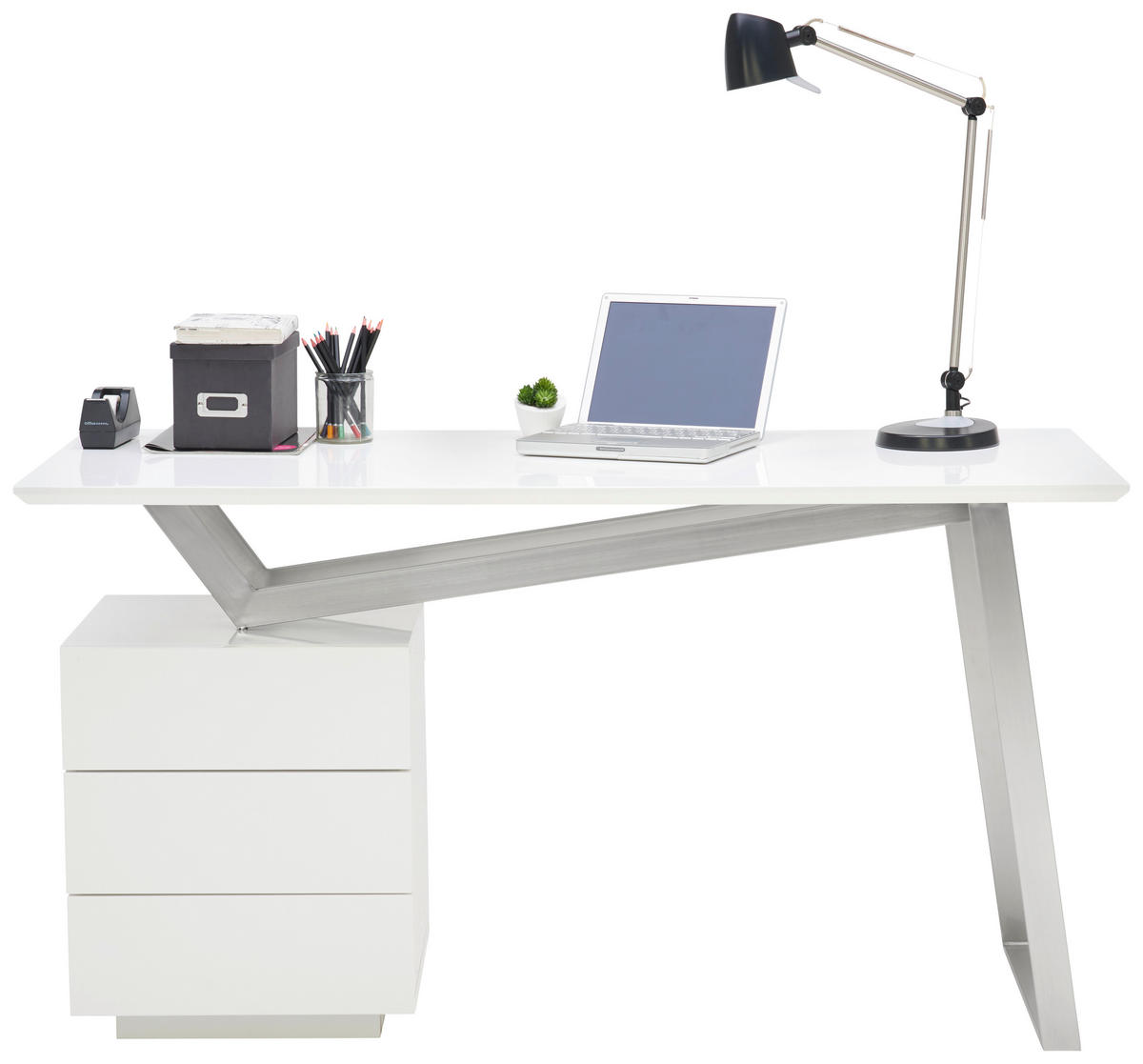SCHREIBTISCH 140/60/76 cm  in Weiß, Edelstahlfarben, Weiß Hochglanz  - Edelstahlfarben/Weiß Hochglanz, MODERN, Holzwerkstoff/Metall (140/60/76cm) - Novel