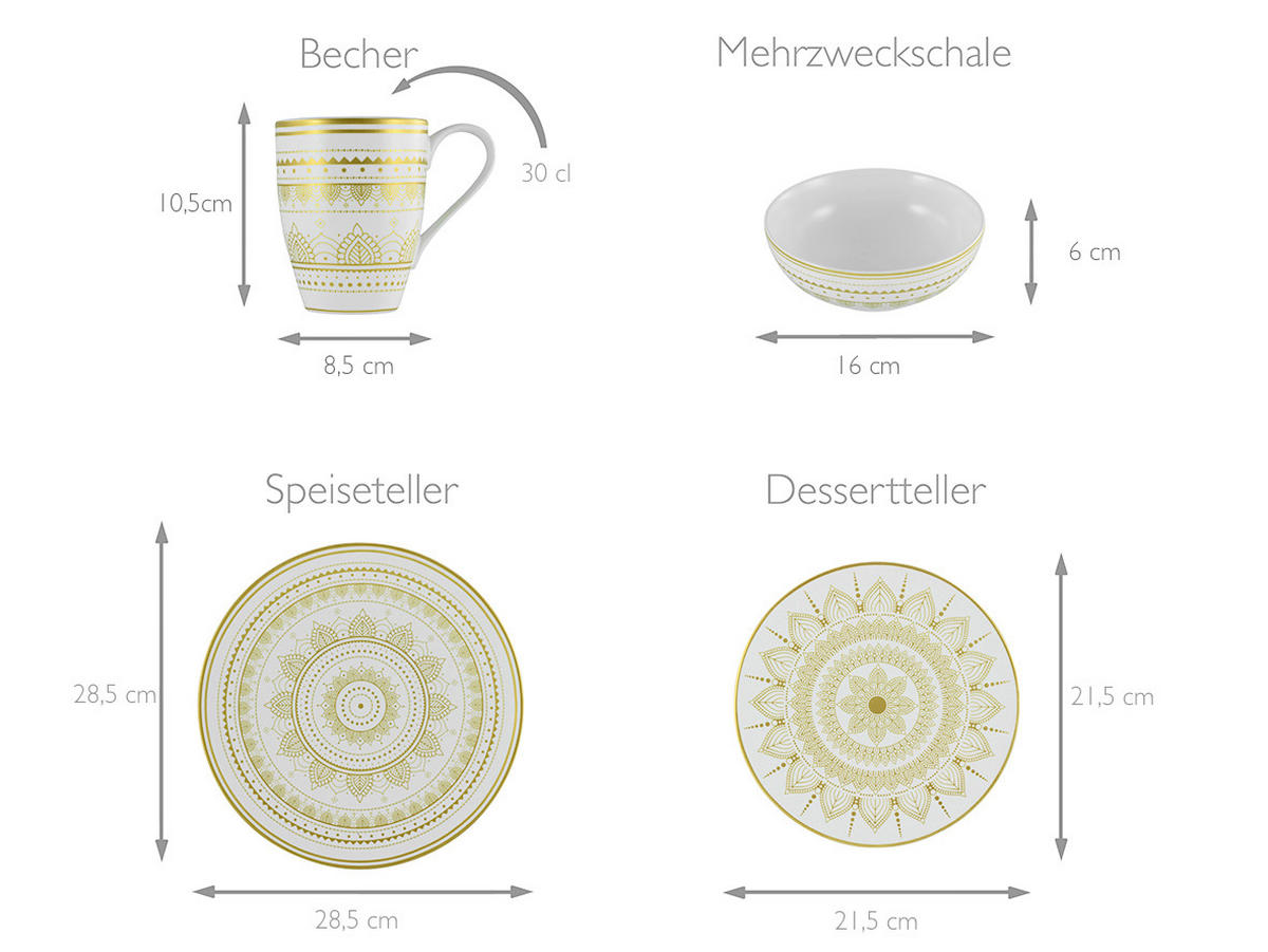 KOMBINOVANÝ SERVIS, 8-dielne, kamenina - biela/zlatá, keramika (30/30/28,5cm) - Creatable