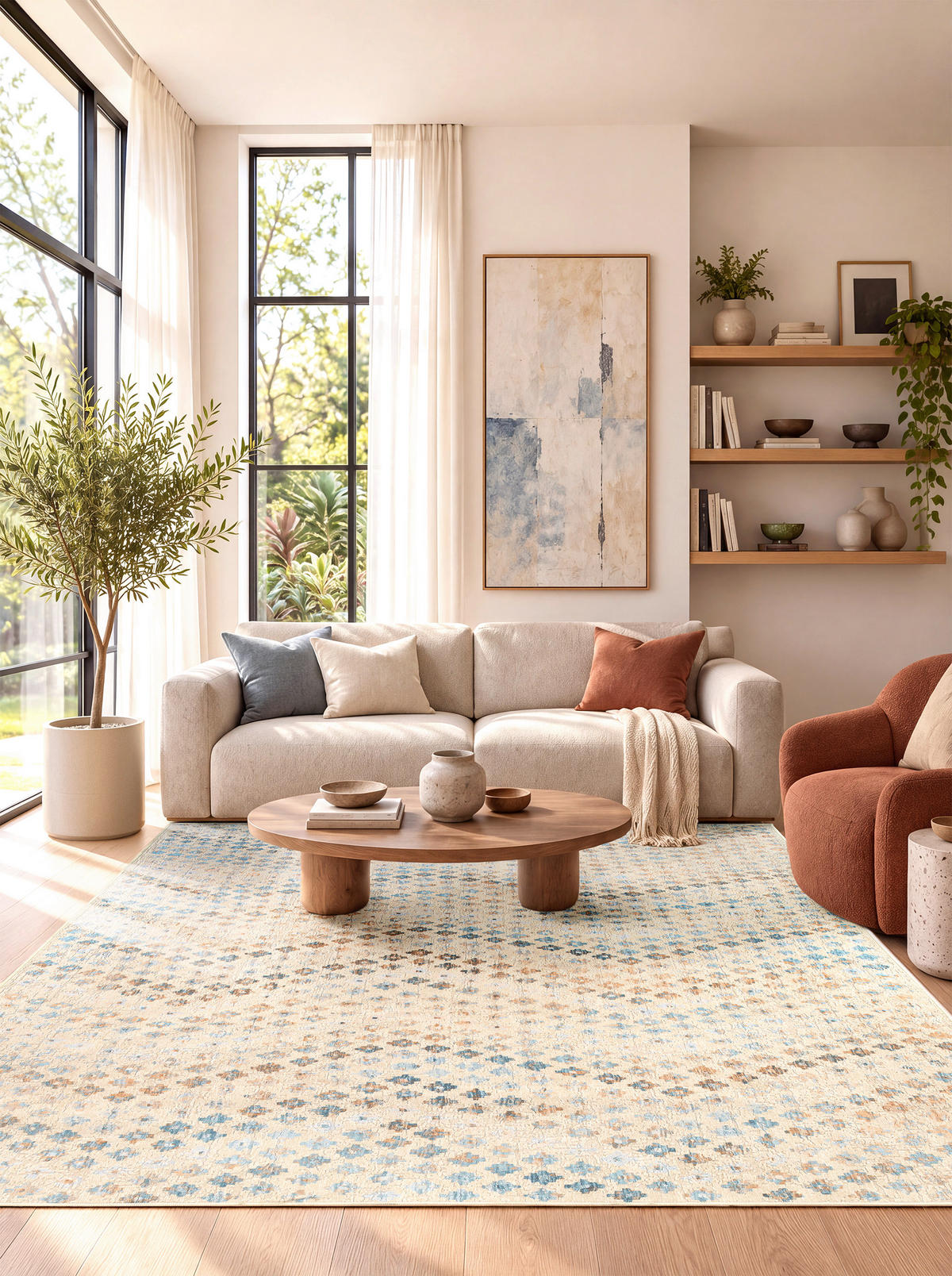 VINTAGE-TEPPICH Ondea Zigira 200/290 cm  in Creme, Pastellblau, Cognac  - Pastellblau/Cognac, Trend, Kunststoff/Textil (200/290cm) - Lindorug