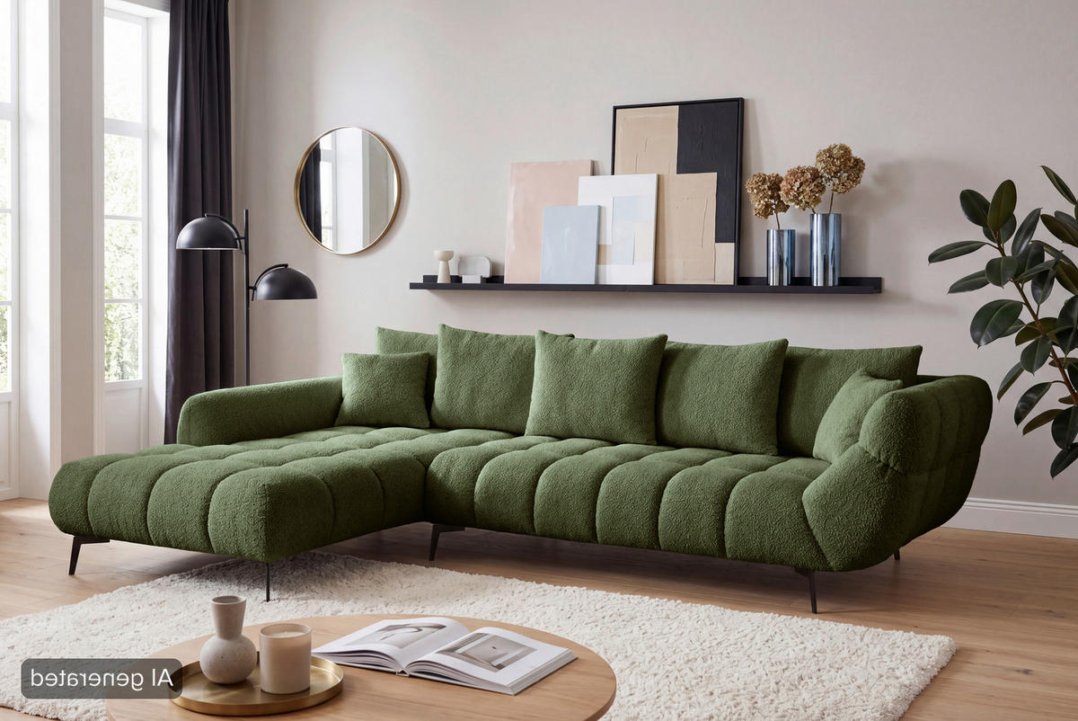 ECKSOFA Grün Bouclé Zierkissen, Rückenkissen, Rücken echt  - Schwarz/Grün, MODERN, Textil/Metall (217/318cm) - Carryhome