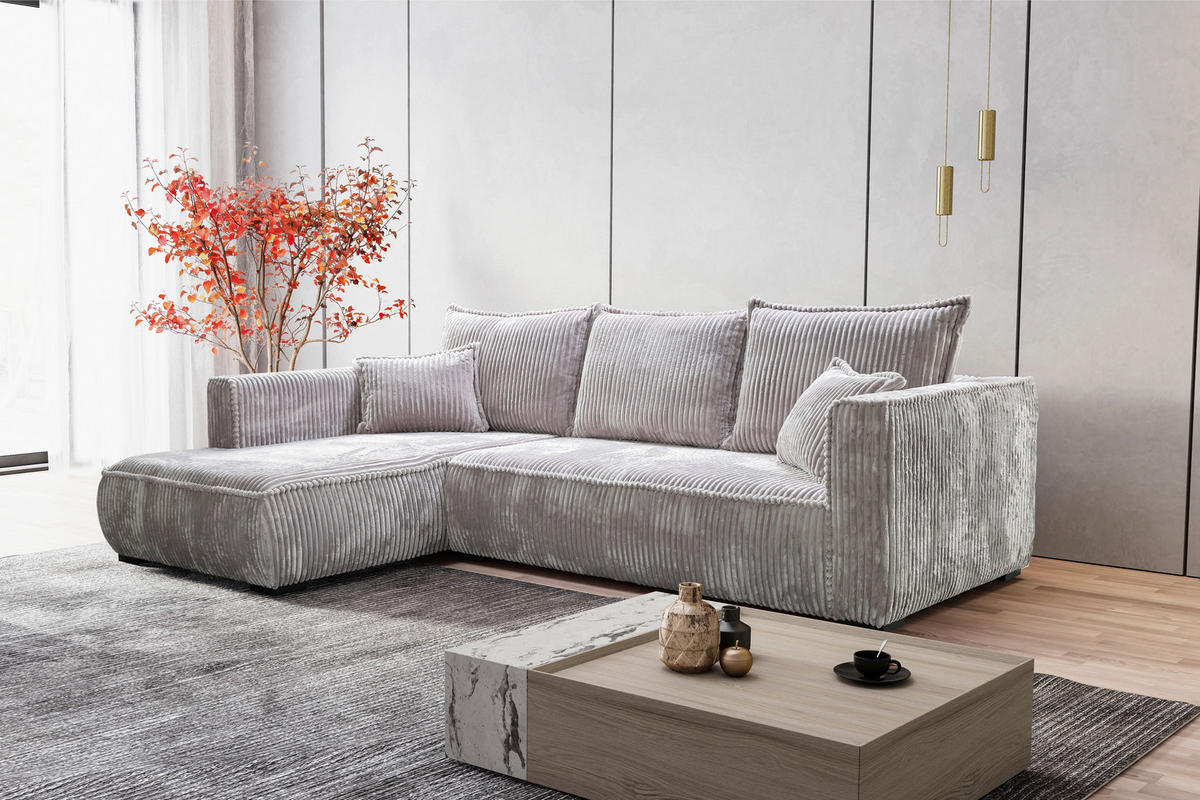 ECKSOFA in Cord Hellgrau  - Hellgrau/Schwarz, Modern, Holz/Textil (208/322cm) - MID.YOU