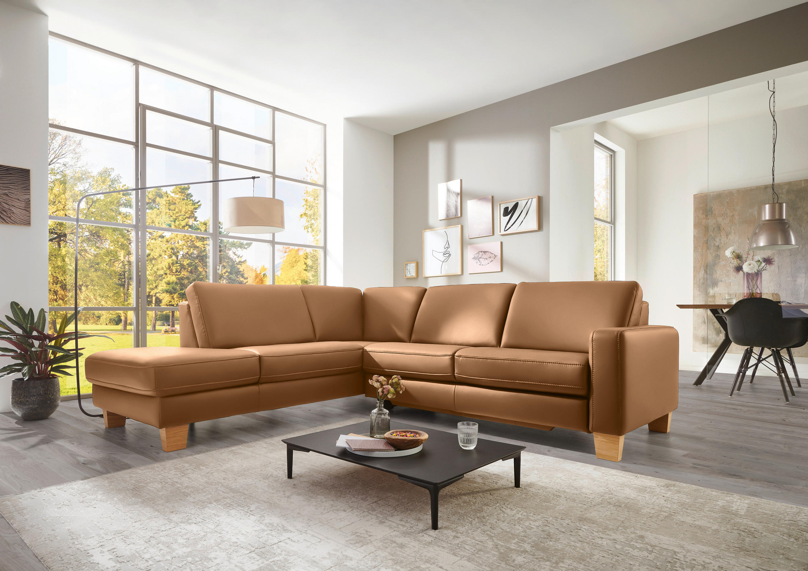 ECKSOFA in Echtleder Hellbraun  - Hellbraun/Eiche Bianco, Konventionell, Leder/Holz (235/257cm) - Valdera