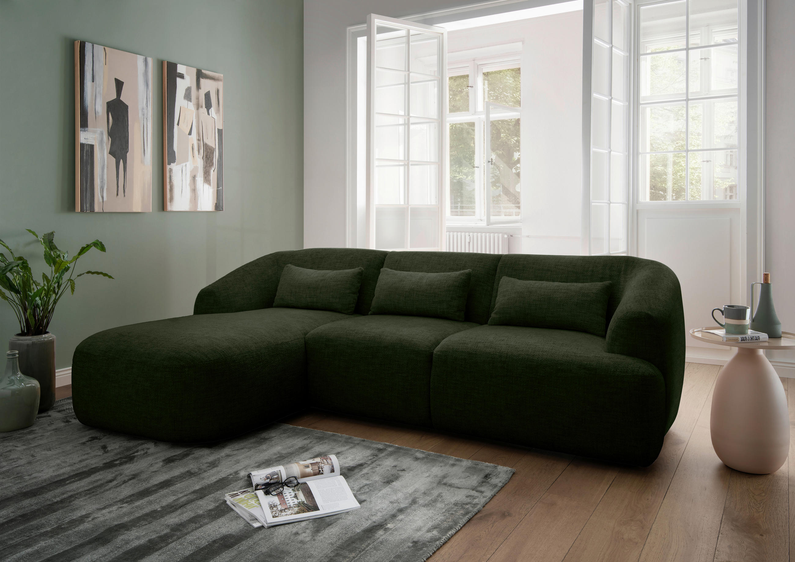 ECKSOFA in Struktur Dunkelgrün  - Dunkelgrün/Schwarz, Modern, Kunststoff/Textil (160/256cm) - Livetastic