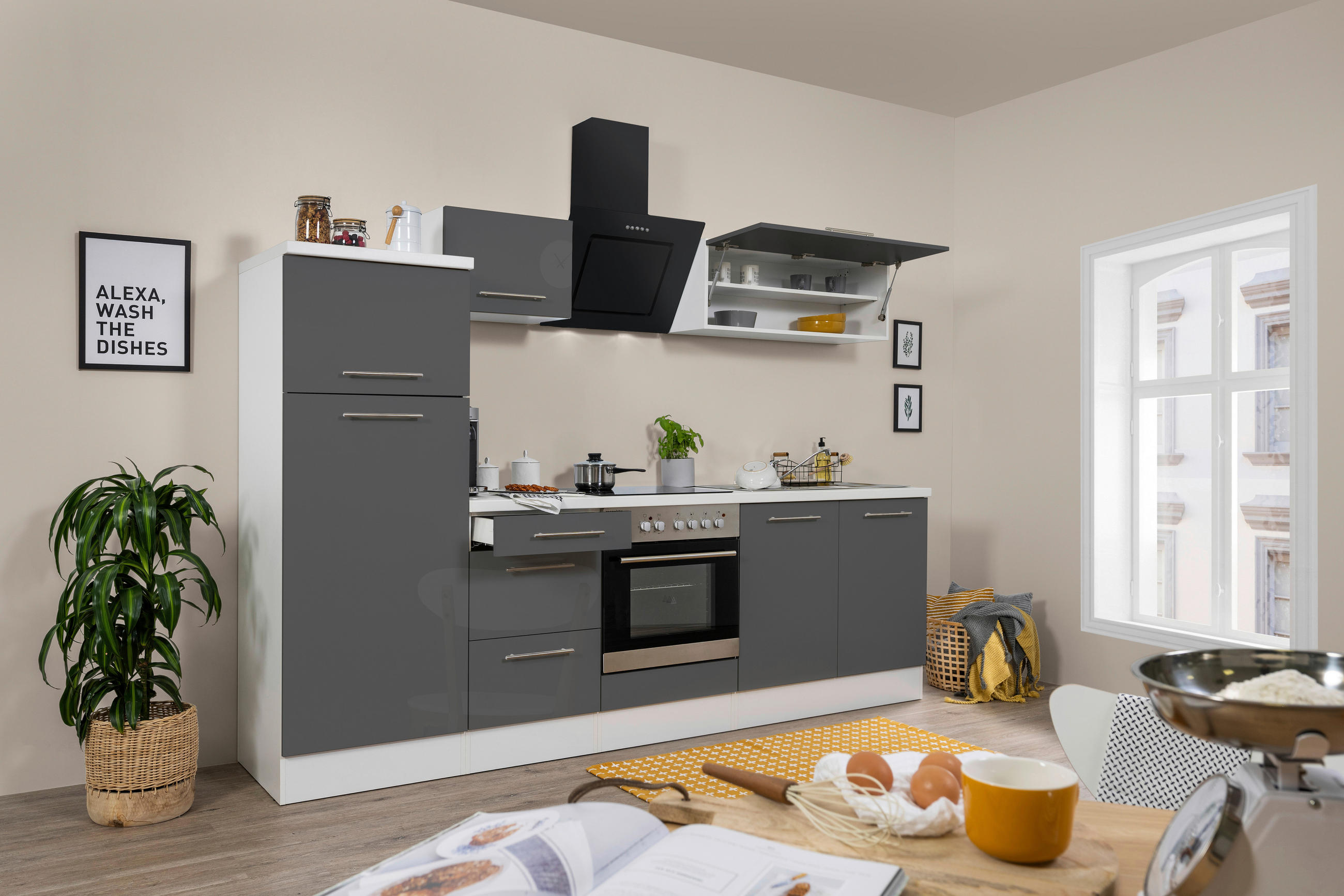 KÜCHENBLOCK Grau, Weiß E-Geräte, Spüle, Soft-Close-System, Kühlgefrierkombination, Dunstabzug, Ab- und Überlaufgarnitur - Weiß/Grau, KONVENTIONELL (270/200/60cm) - Respekta
