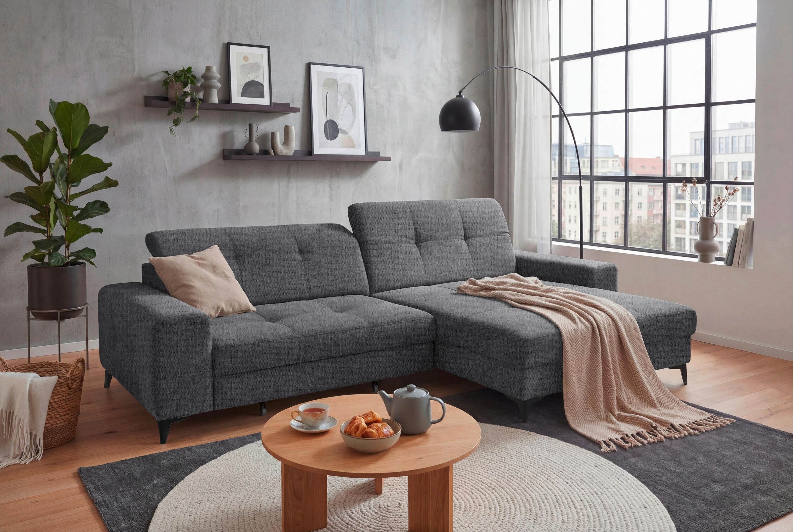 ECKSOFA Mikrovelours Anthrazit  - Anthrazit/Schwarz, Design, Kunststoff/Textil (328/182cm) - MID.YOU