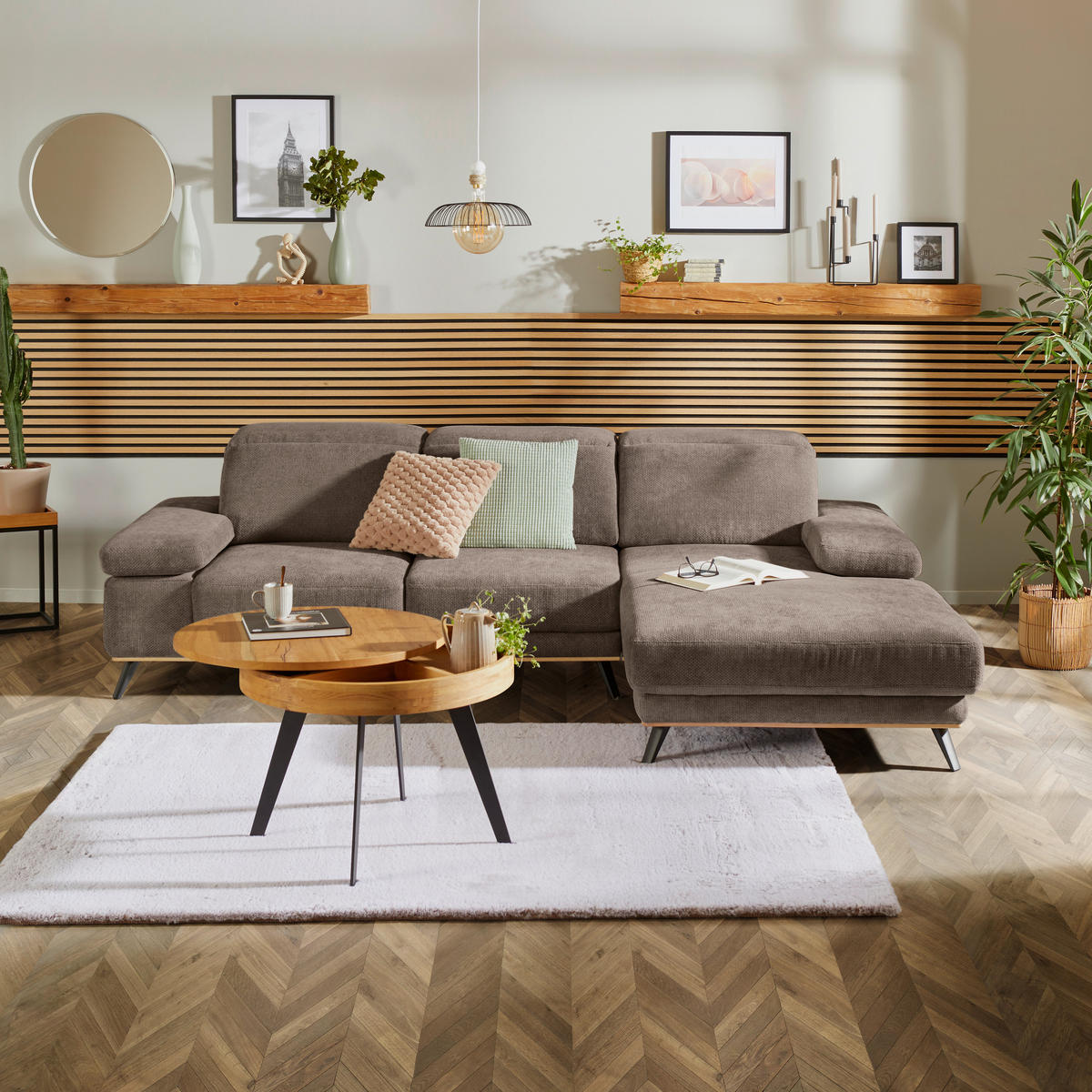 ECKSOFA in Struktur Schlammfarben  - Schlammfarben/Schwarz, Modern, Textil/Metall (283/194cm) - MID.YOU