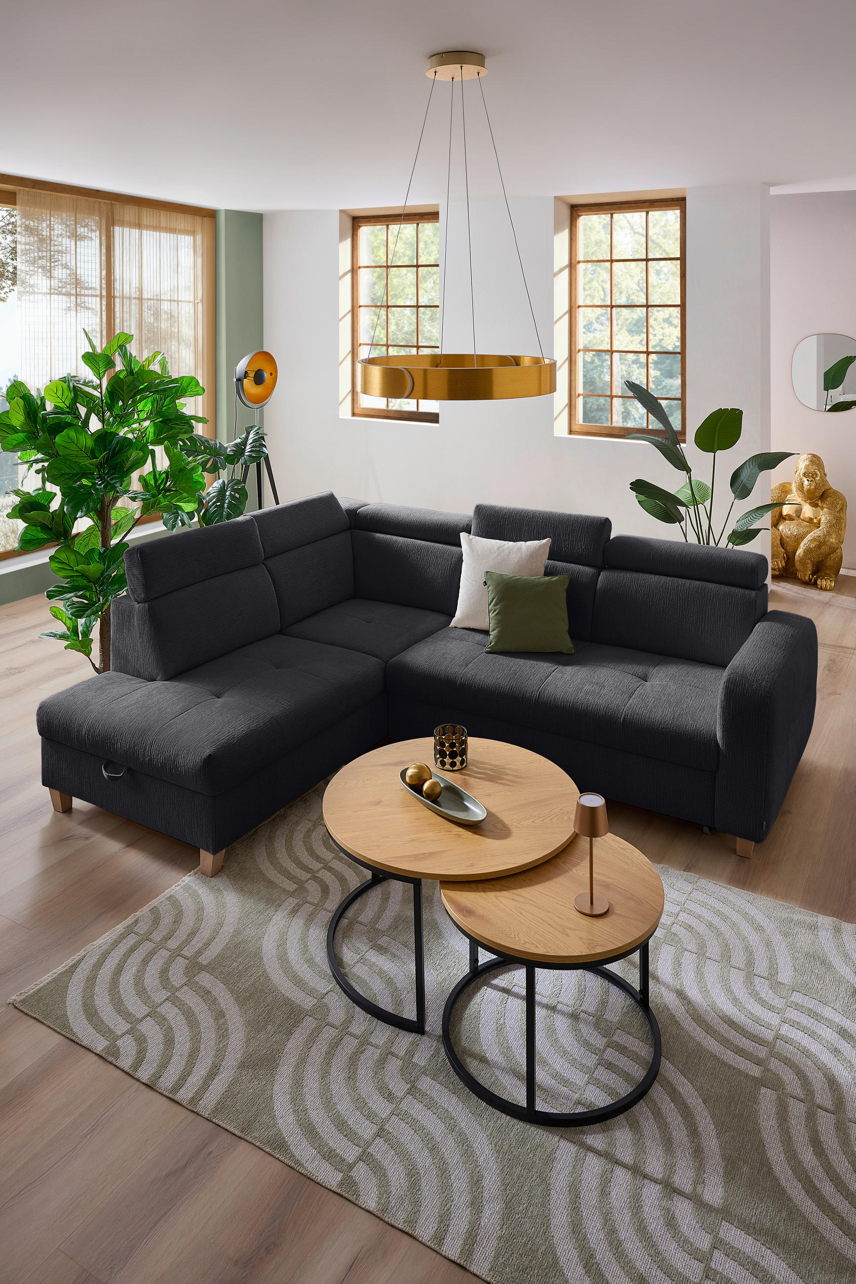 ECKSOFA inkl. Funktionen Graphitfarben Samt  - Graphitfarben, Natur, Holz/Textil (206/261cm) - Venda