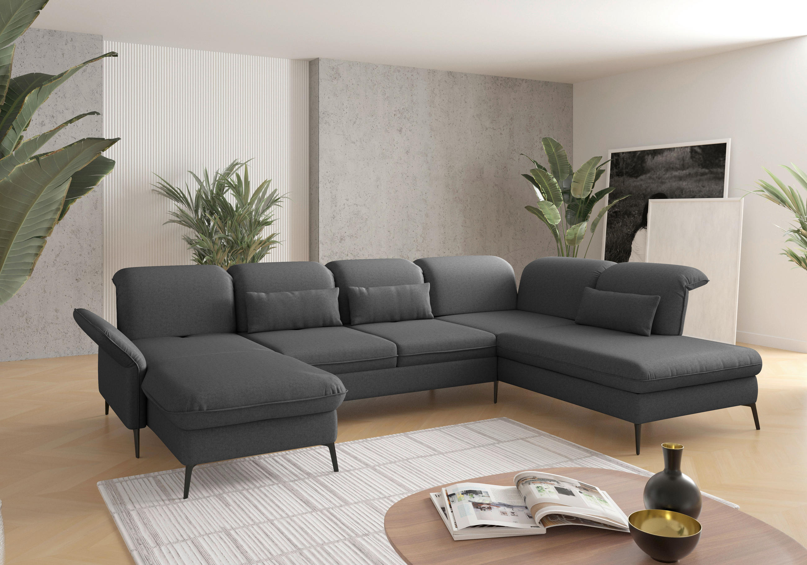 WOHNLANDSCHAFT Dunkelgrau Flachgewebe  - Dunkelgrau/Schwarz, KONVENTIONELL, Textil/Metall (198/359/231cm) - Sit & More