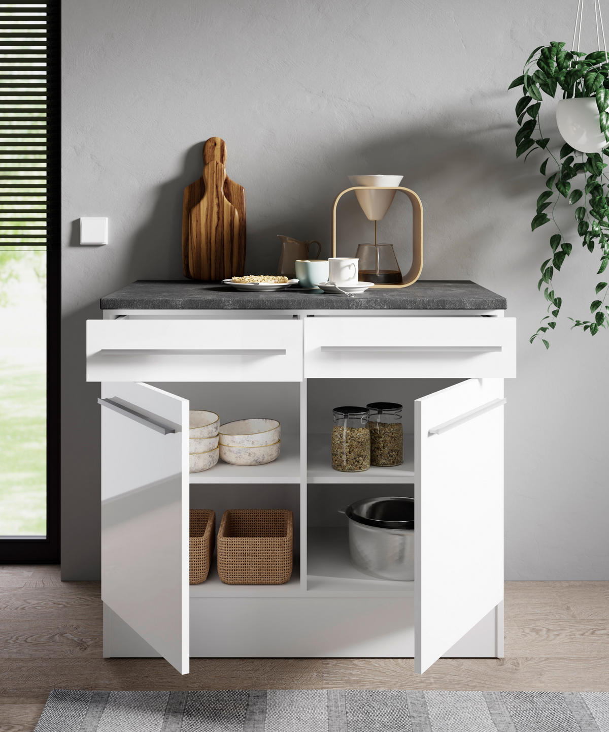 SCHUBKASTENUNTERSCHRANK 100/90/60 cm  in Weiß, Weiß Hochglanz  - Weiß Hochglanz/Anthrazit, Basics, Holzwerkstoff/Kunststoff (100/90/60cm) - P & B