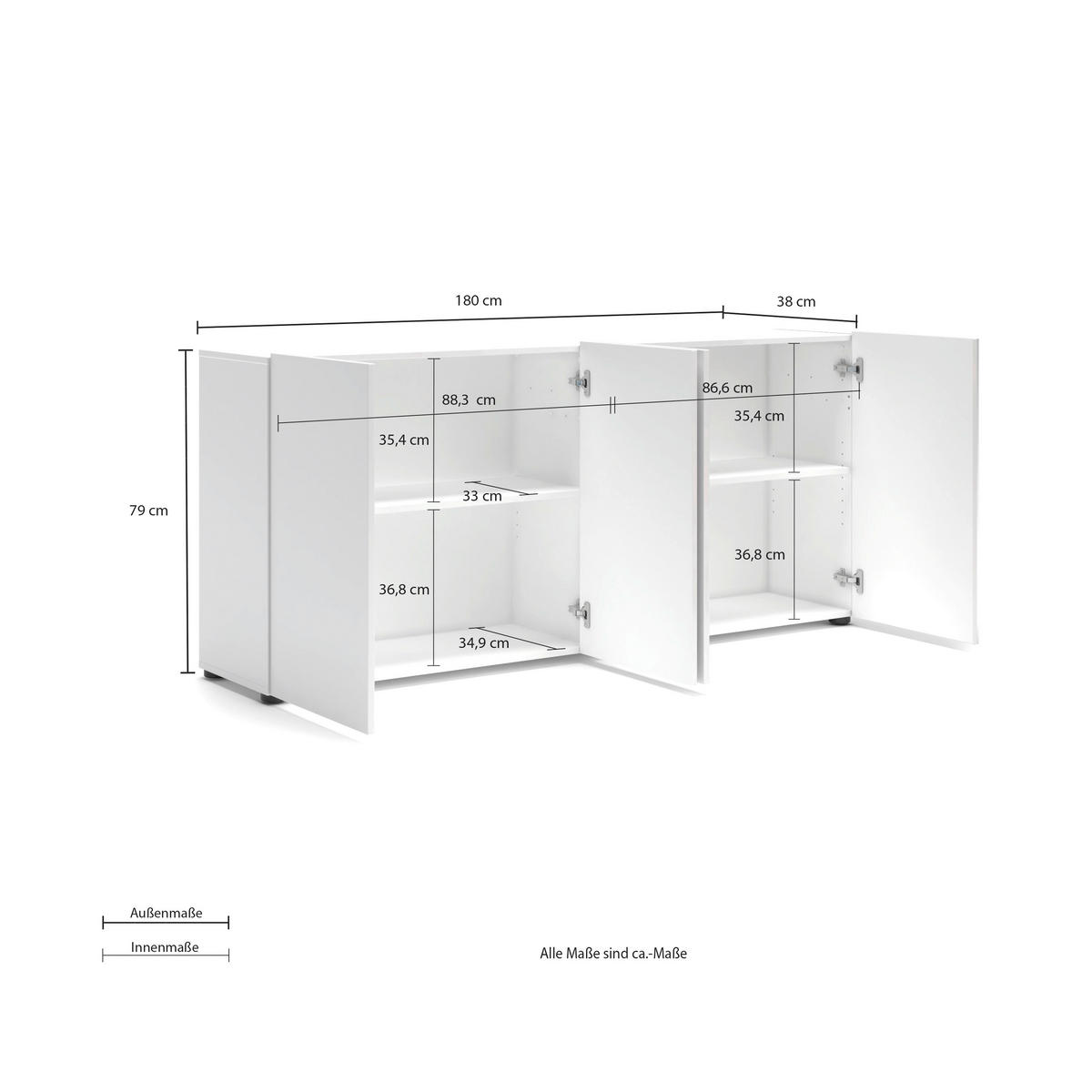 SIDEBOARD  in 180/79/38 cm  - Weiß Hochglanz/Schwarz, Design, Holzwerkstoff/Kunststoff (180/79/38cm) - home24