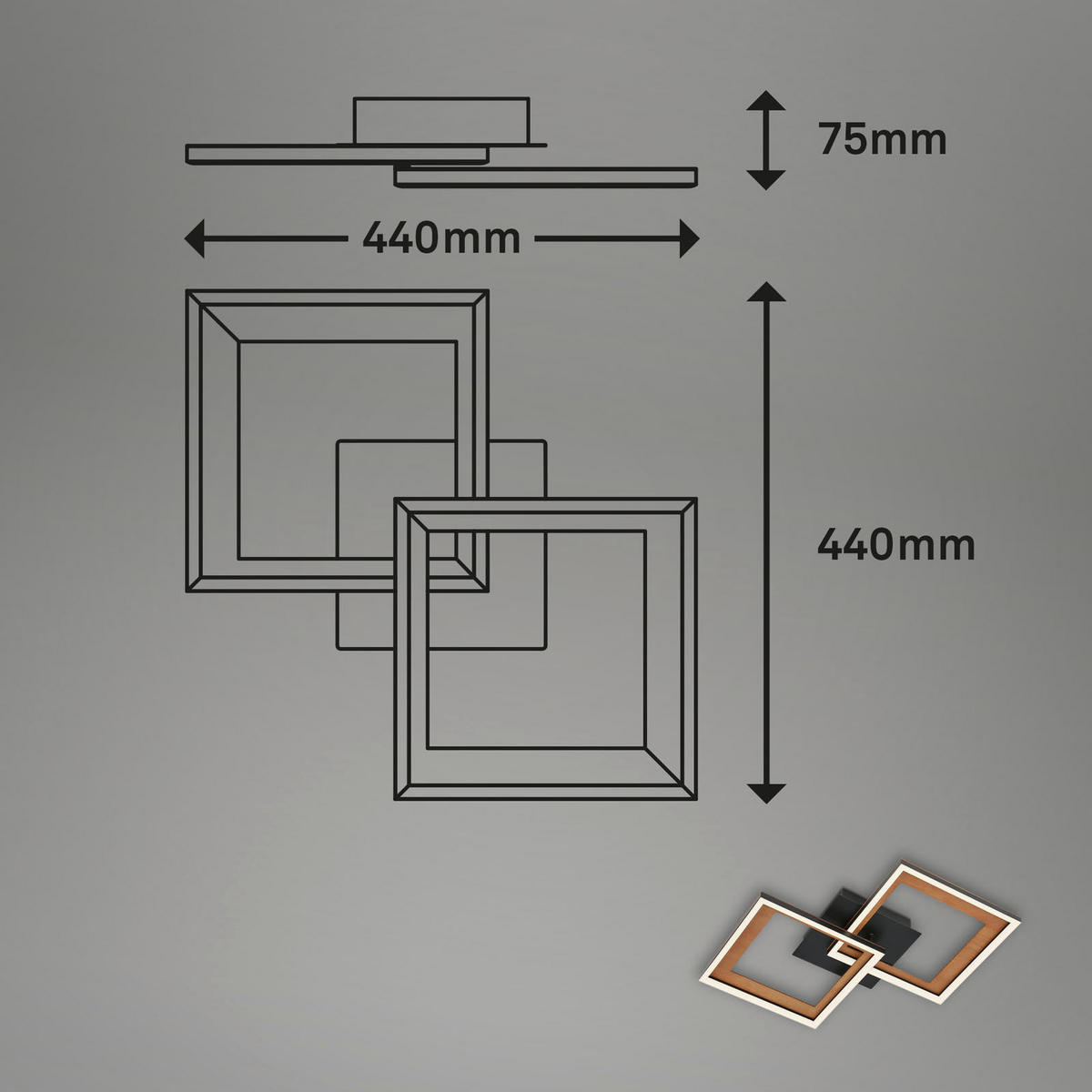 LED SVJETILJKA STROPNA Frame  - crna, Natur, drvo/metal (44/44/8cm)