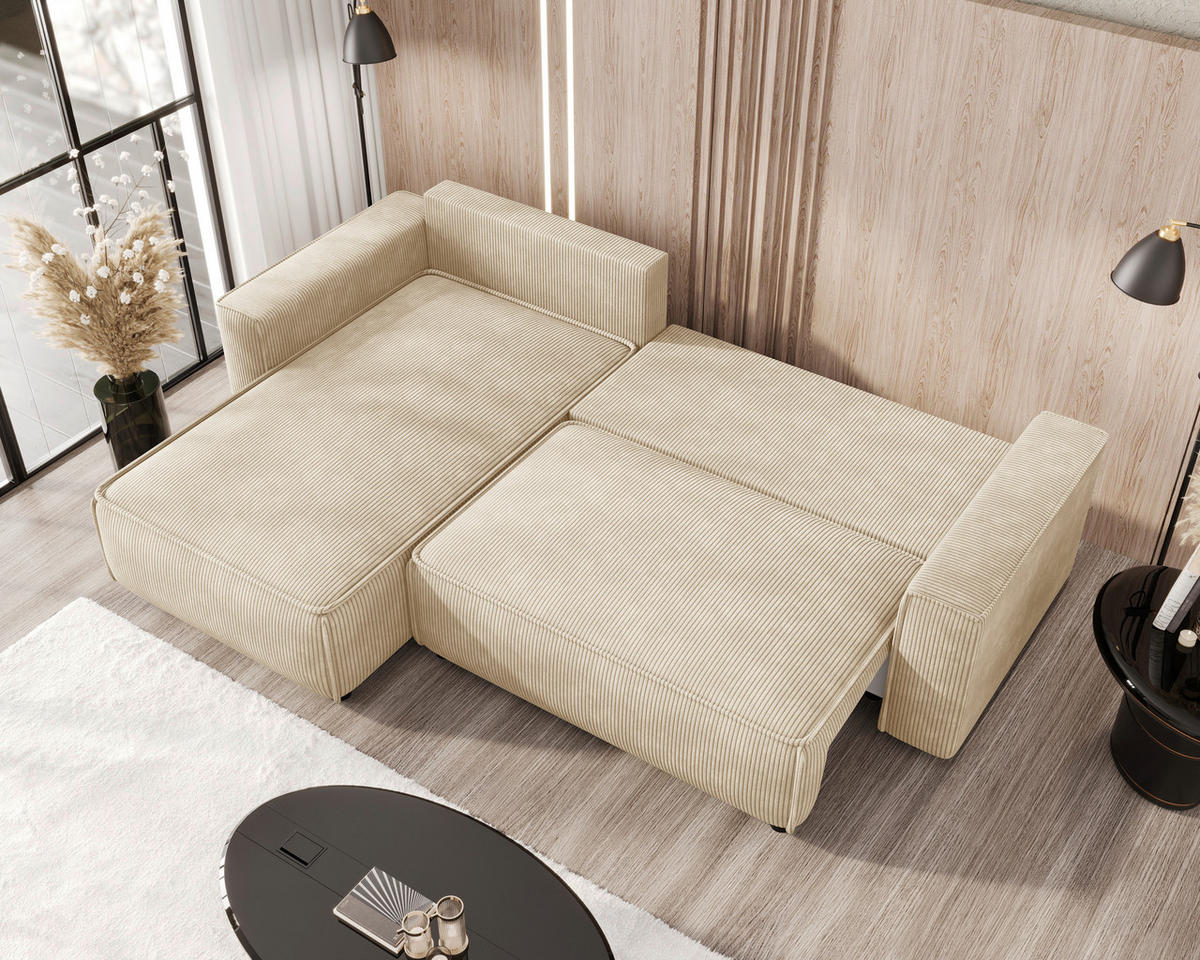 ECKSOFA 190/280 cm MERO in Cord Creme Zierkissen, Rückenkissen, Bettkasten  190/280 cm  - Creme/Schwarz, MODERN, Kunststoff/Textil (190/280cm) - MID.YOU