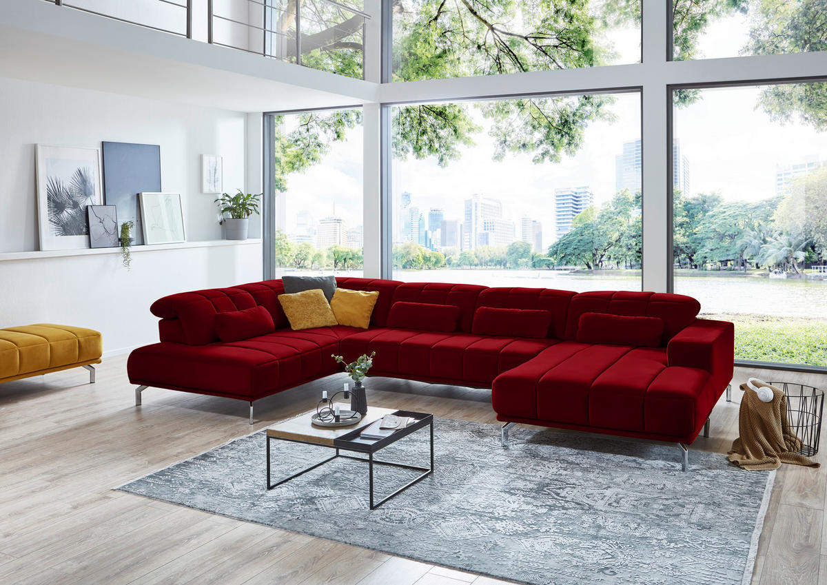 WOHNLANDSCHAFT in Velours Rot  - Rot/Schwarz, Design, Textil/Metall (219/383/195cm) - Beldomo Style