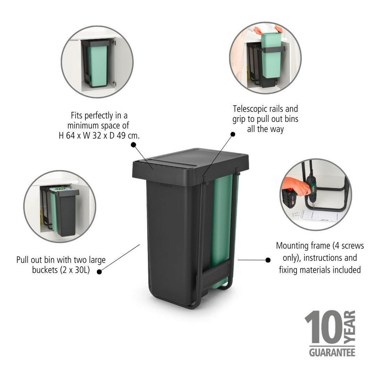 UGRAD. SUSTAV ZA ODV. OTPADA  2 x 30 l   - zelena/antracit, Basics, plastika (30,4/63,7/48,1cm) - Brabantia