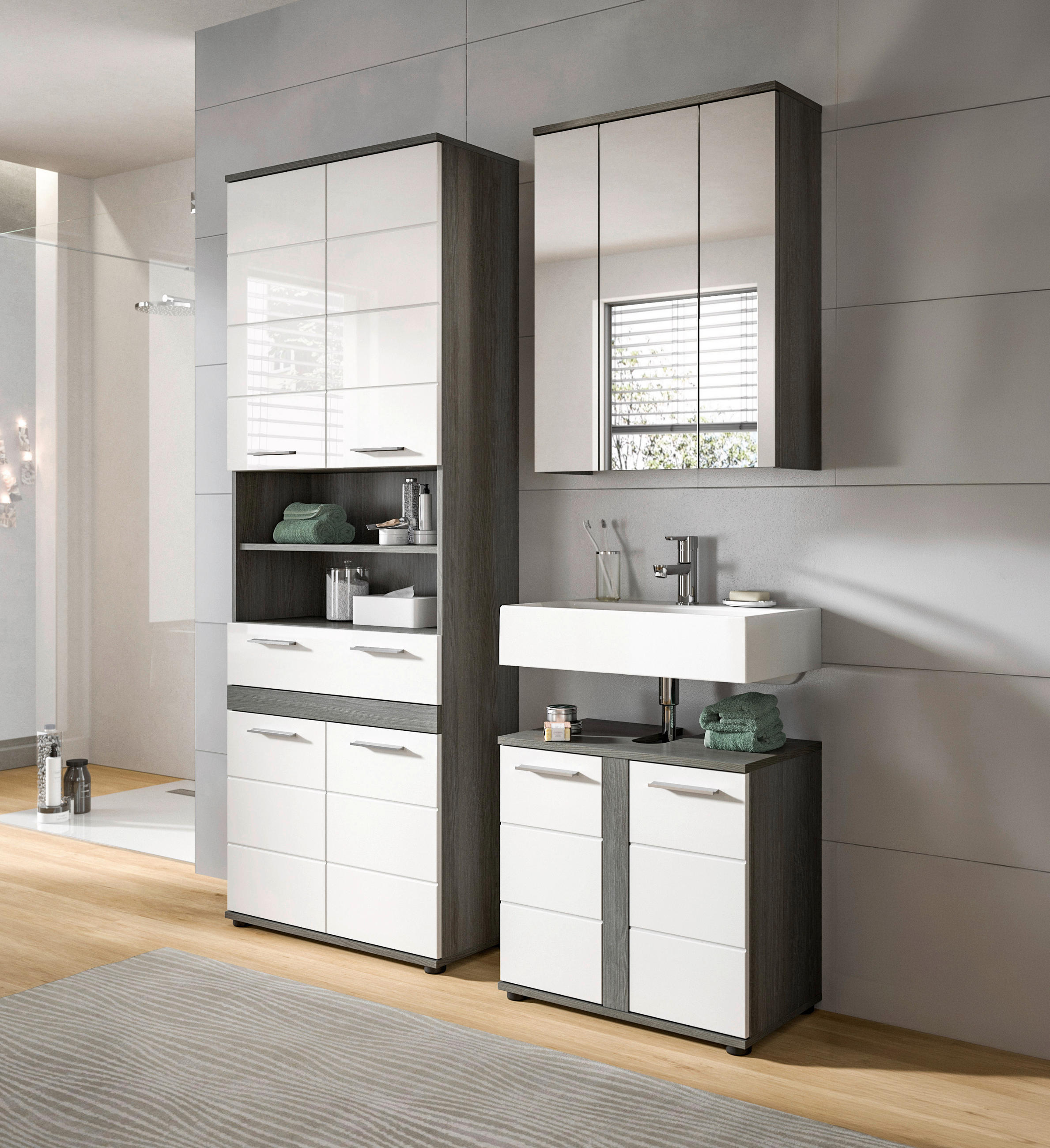 BADEZIMMER 3-teilig  in 145 cm  - Weiß Hochglanz/Silberfarben, Trend, Glas/Holzwerkstoff (145cm) - MID.YOU