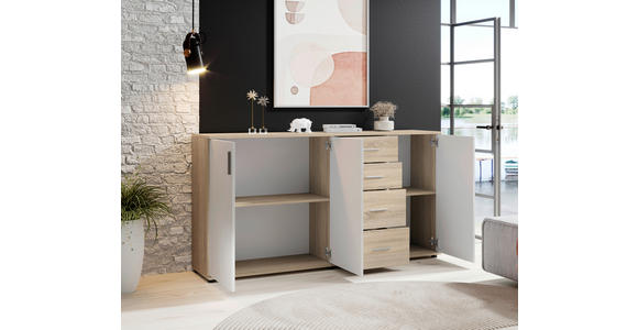 KOMMODE 160/84/35 cm in Weiß, Sonoma Eiche - Silberfarben/Schwarz, KONVENTIONELL, Holzwerkstoff/Kunststoff (160/84/35cm) - Carryhome