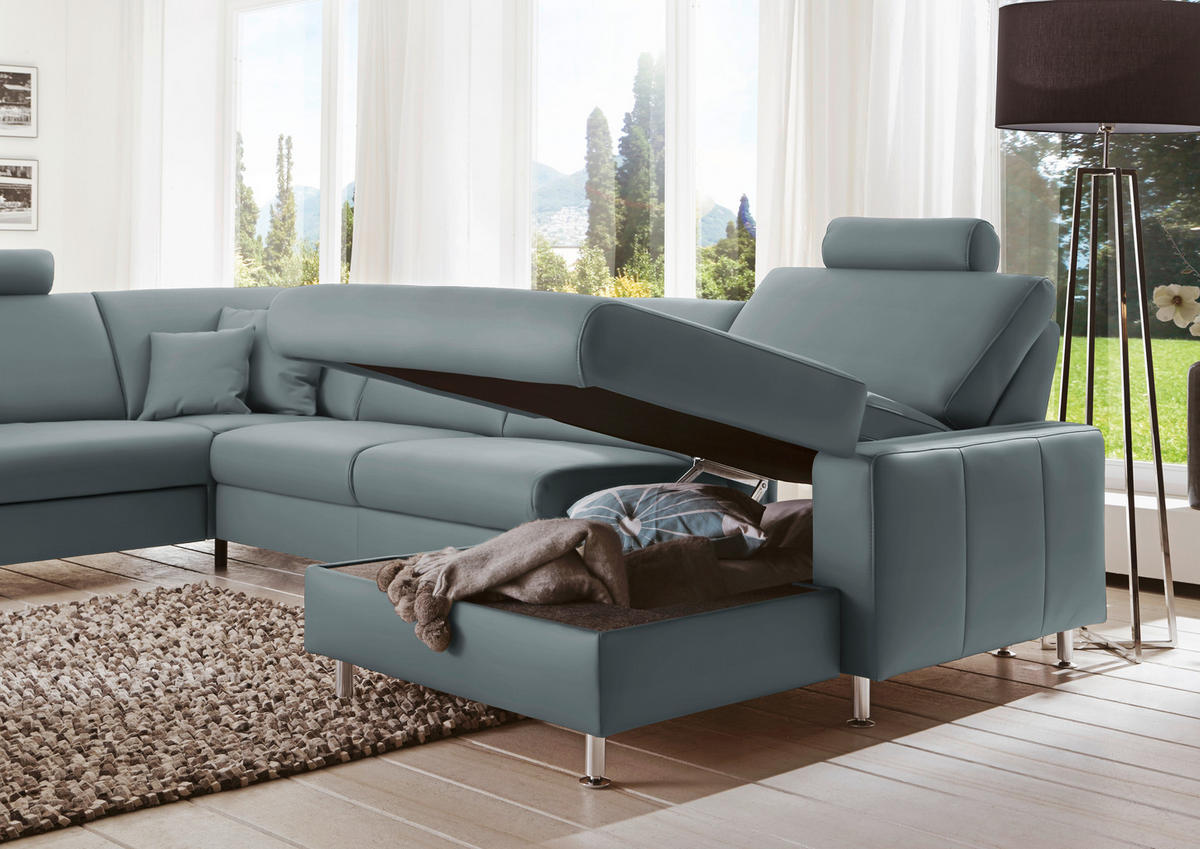 WOHNLANDSCHAFT in Echtleder Blaugrau  - Blaugrau/Alufarben, Design, Leder/Metall (233/339/165cm) - Beldomo Premium