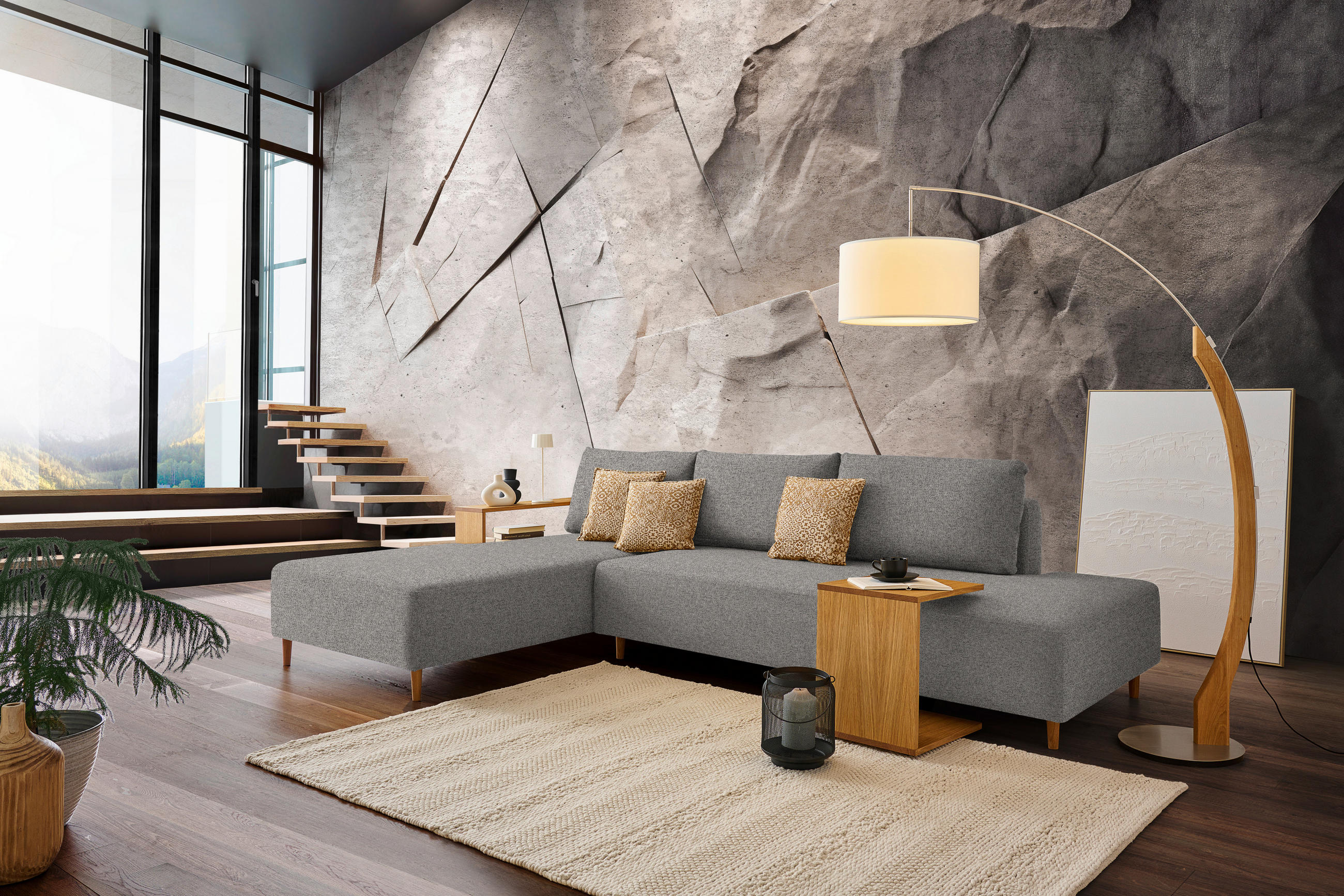 ECKSOFA in Flachgewebe Grau  - Eichefarben/Grau, Design, Holz/Textil (190/307cm) - Joka