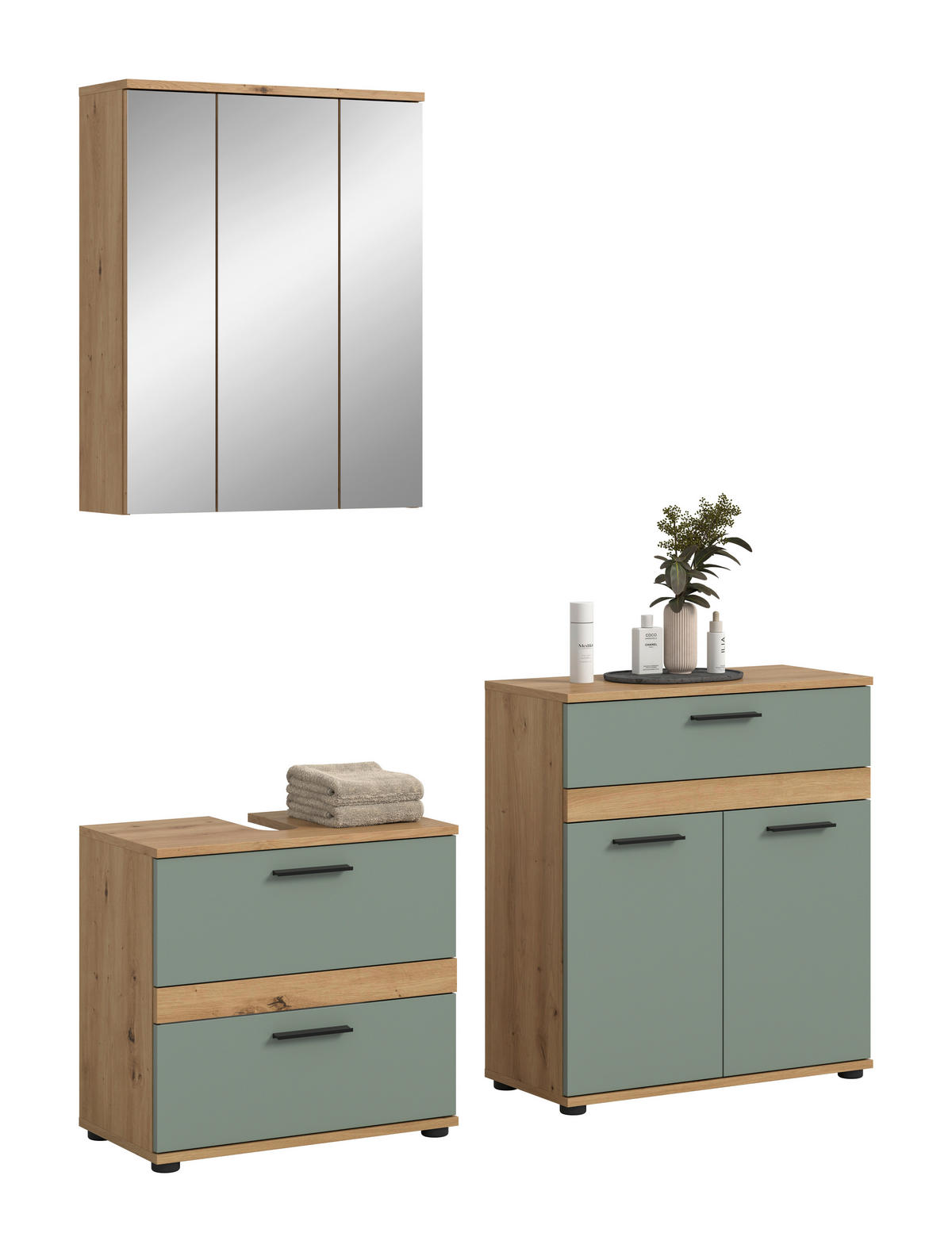BADEZIMMER 3-teilig  in 145 cm  - Salbeigrün/Schwarz, Trend, Glas/Holzwerkstoff (145cm) - MID.YOU
