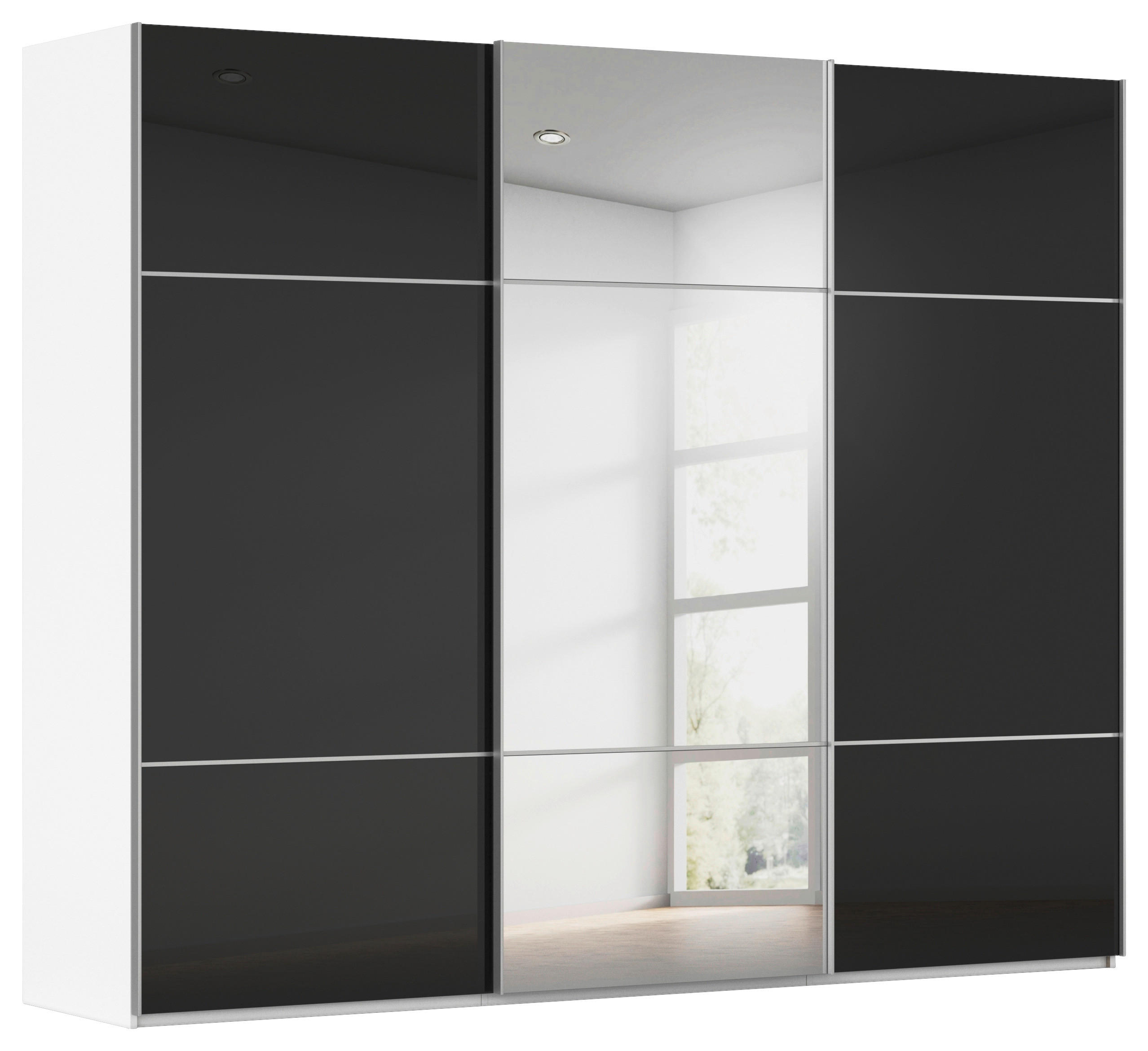 SCHWEBETÜRENSCHRANK 301/223/68 cm 3-türig Schwarz, Weiß  - Alufarben/Schwarz, KONVENTIONELL, Glas/Holzwerkstoff (301/223/68cm) - Novel
