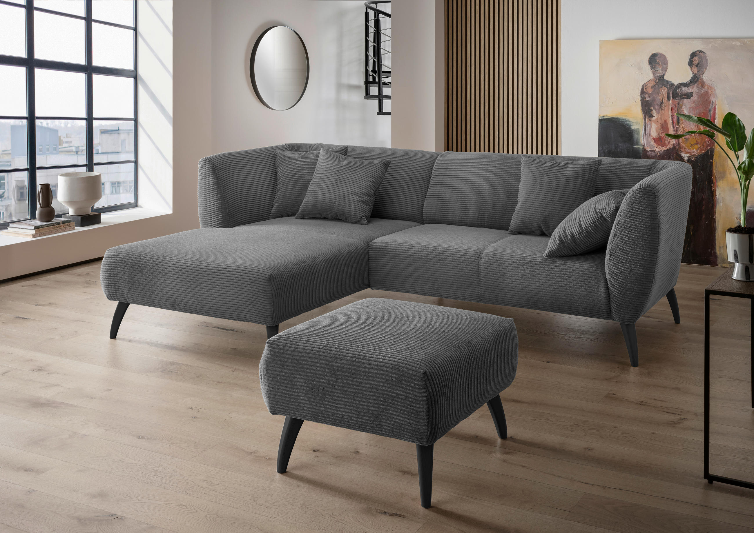 ECKSOFA Grau Cord  - Schwarz/Grau, MODERN, Holz/Textil (160/264cm) - MID.YOU