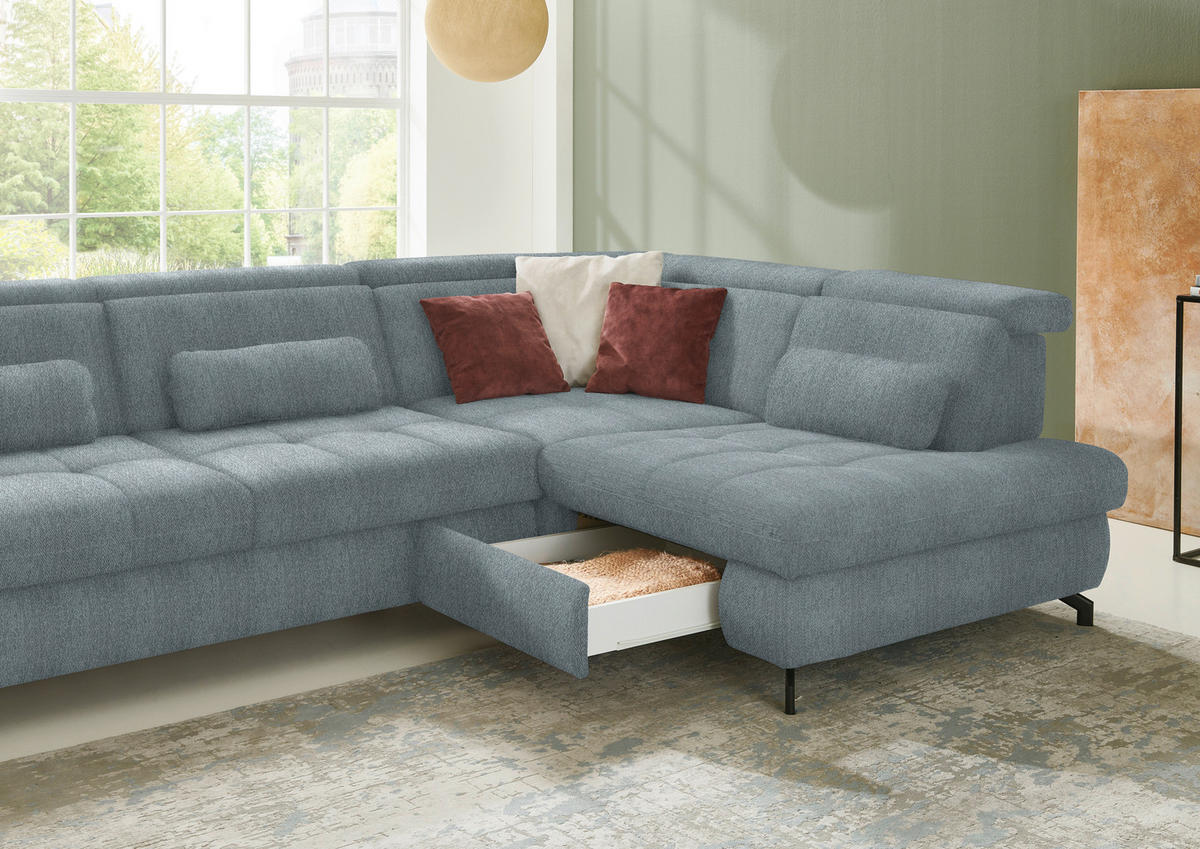 ECKSOFA in Chenille Blaugrau  - Blaugrau/Schwarz, Design, Textil/Metall (310/220cm) - Beldomo Style