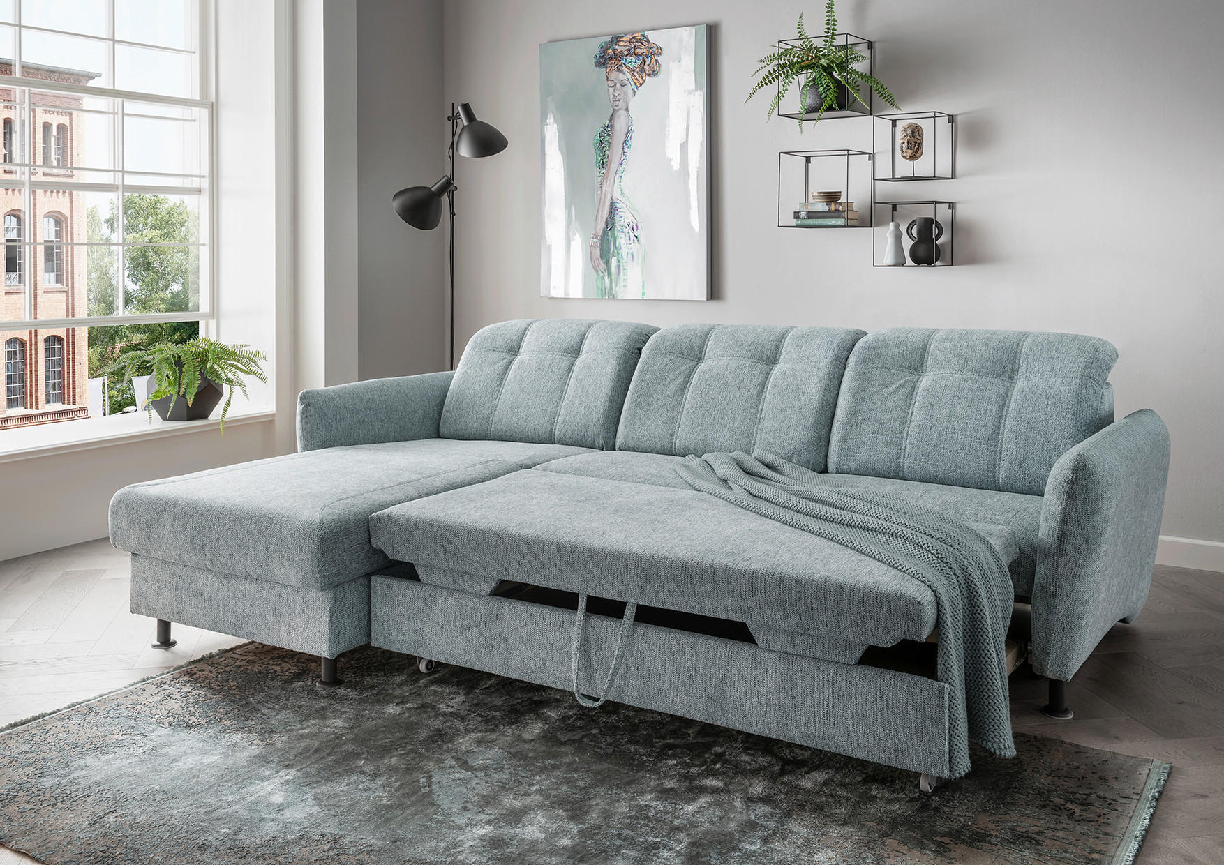 ECKSOFA in Chenille Mintgrün  - Schwarz/Mintgrün, Modern, Textil/Metall (184/267cm) - Livetastic