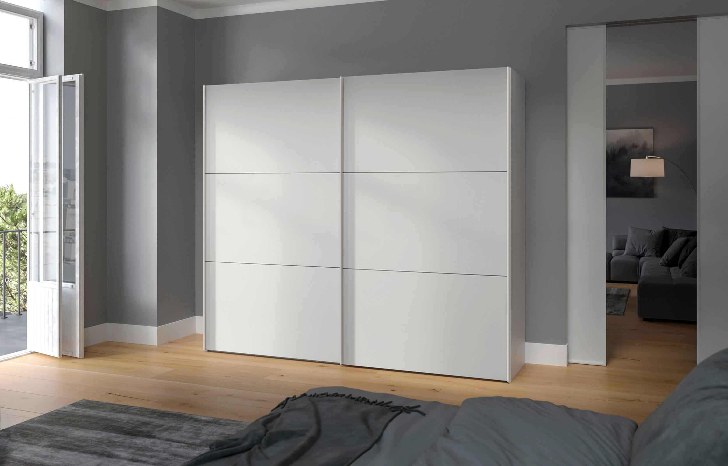 SCHWEBETÜRENSCHRANK 253/215/65 cm 2-türig Weiß  - Edelstahlfarben/Weiß, Design, Holzwerkstoff (253/215/65cm) - Boxxx