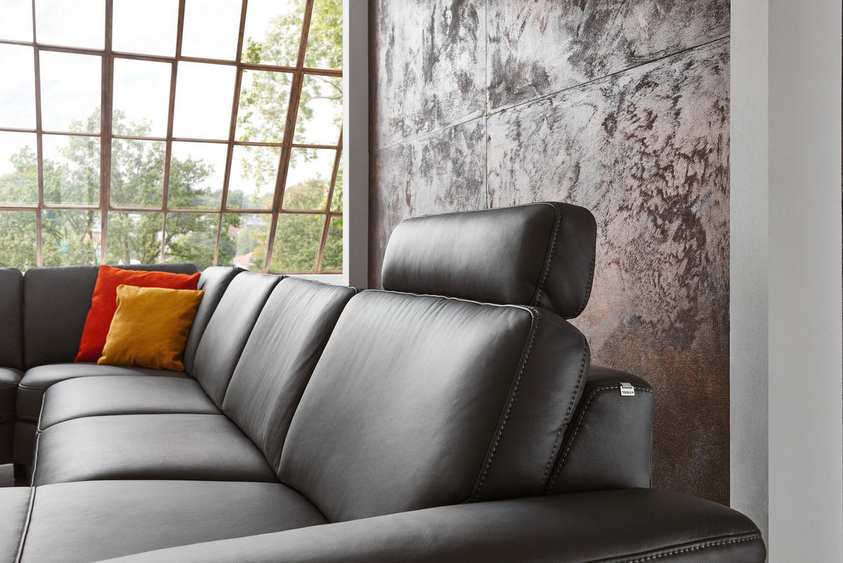 WOHNLANDSCHAFT  in Echtleder Schwarz  - Chromfarben/Schwarz, Design, Leder/Metall (364/272cm) - Valdera