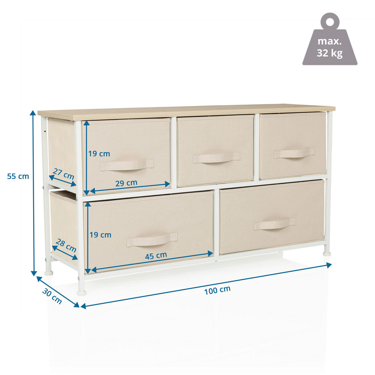 KOMMODE  in 100/55/30 cm  - Beige/Weiß, MODERN, Kunststoff/Textil (100/55/30cm) - MID.YOU
