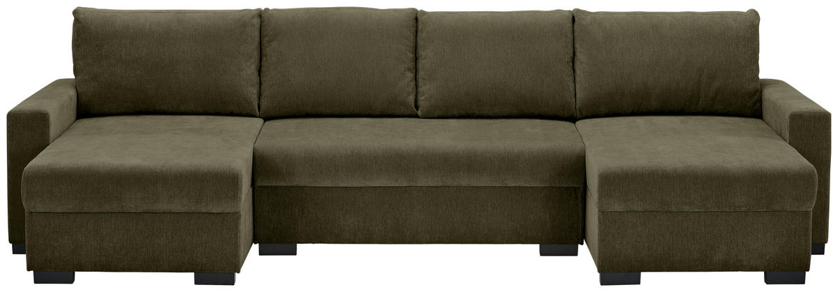 WOHNLANDSCHAFT Olivgrün Chenille  - Schwarz/Olivgrün, KONVENTIONELL, Kunststoff/Textil (140/328/140cm) - Ti'me