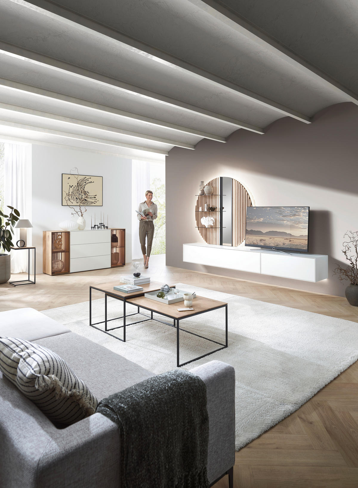 WOHNWAND  in Weiß, Eichefarben  288/206/44 cm  - Eichefarben/Weiß, Design, Glas/Holz (288/206/44cm) - Johann Jakob