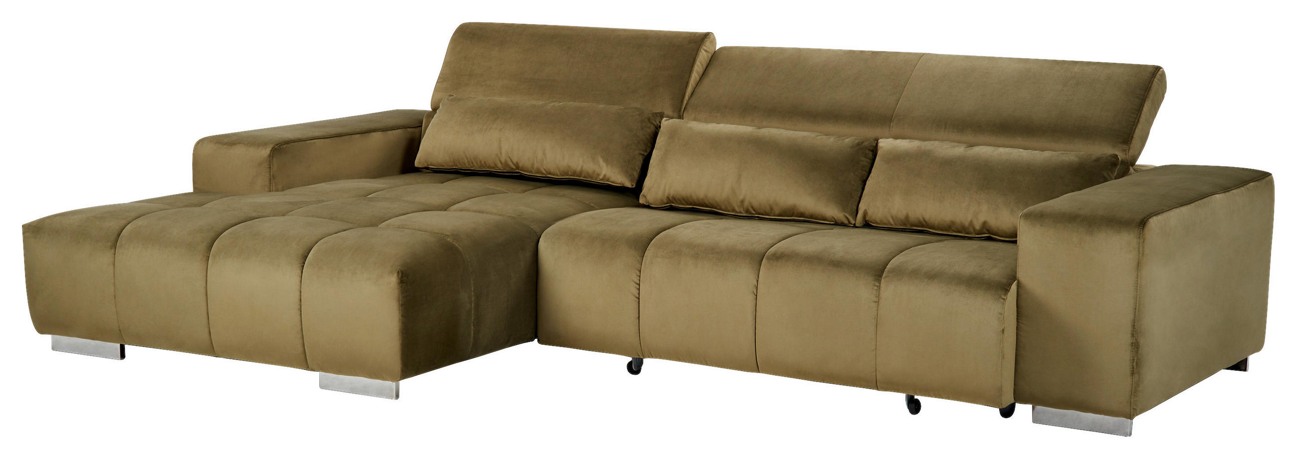 ECKSOFA Olivgrün Velours Kopfteilverstellung  - Silberfarben/Olivgrün, KONVENTIONELL, Textil/Metall (186/307cm) - Livetastic