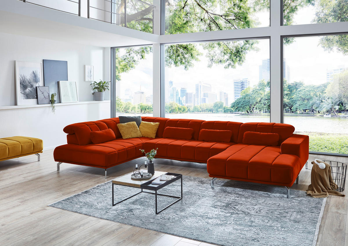WOHNLANDSCHAFT Orange Velours  - Schwarz/Orange, Design, Textil/Metall (219/383/195cm) - Beldomo Style