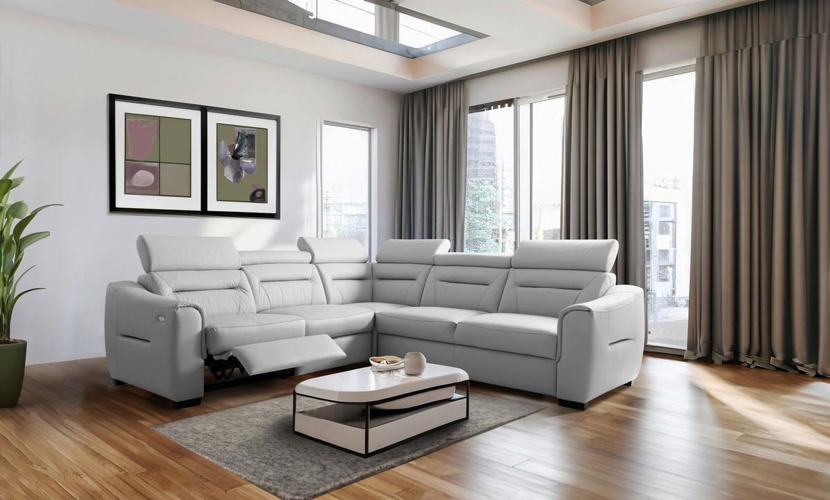 ECKSOFA  in Lederlook Echtleder Platinfarben  - Platinfarben/Wengefarben, Design, Leder/Holz (260/260cm) - Celina Home