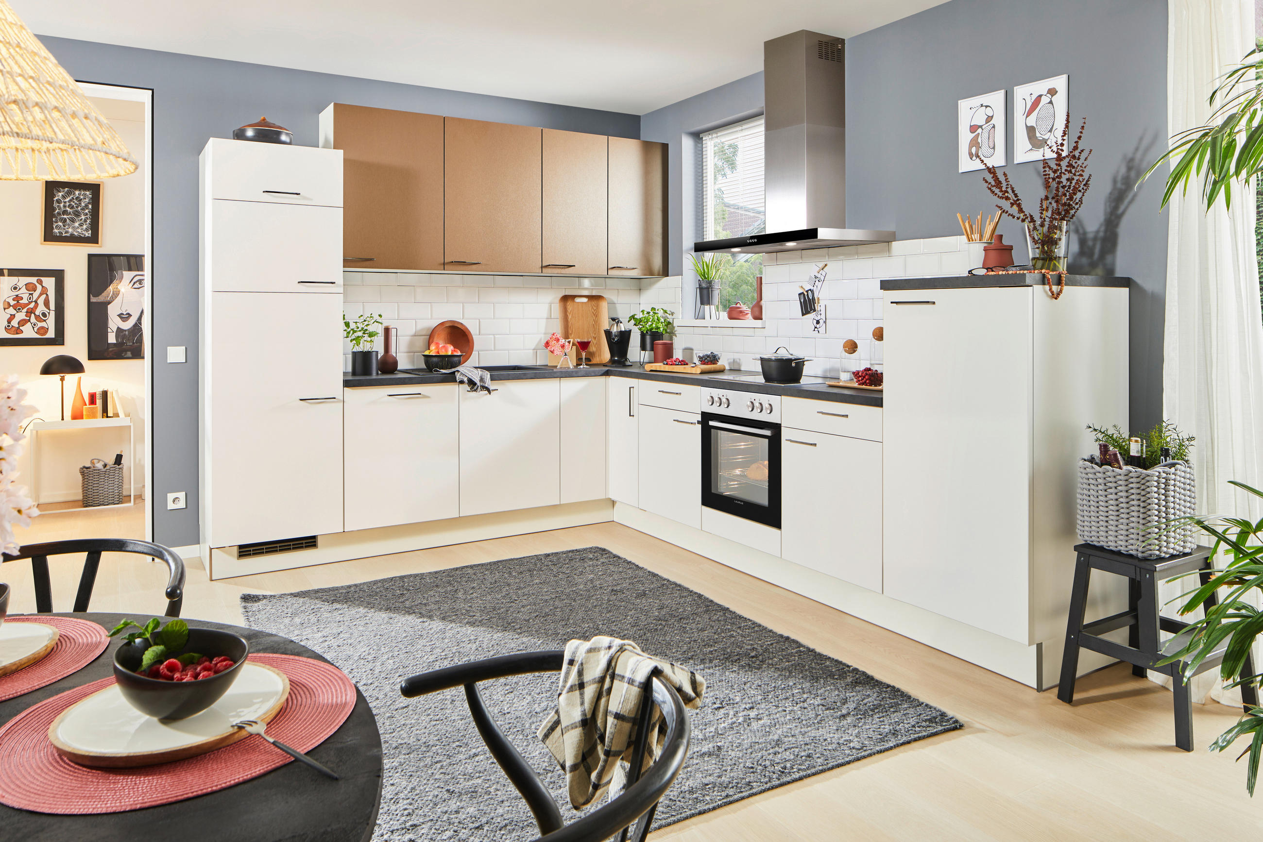 ECKKÜCHE 270/330 cm  in Weiß, Bronzefarben  - Schwarz/Weiß, Design, Holzwerkstoff/Metall (270/330cm) - Xora