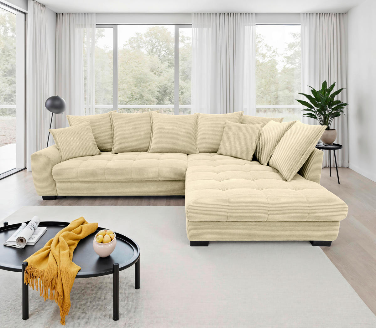 ECKSOFA Naturfarben Cord Rückenkissen, Armlehnenkissen, Bettkasten, Schlaffunktion, Rücken echt, Liegefläche im Originalstoff  - Schwarz/Naturfarben, KONVENTIONELL, Kunststoff/Textil (304/212cm) - Carryhome