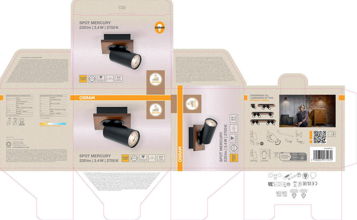 LED-STRAHLER 11/10,2/14,35 cm   - Schwarz/Naturfarben, Basics, Holz/Metall (11/10,2/14,35cm) - Osram